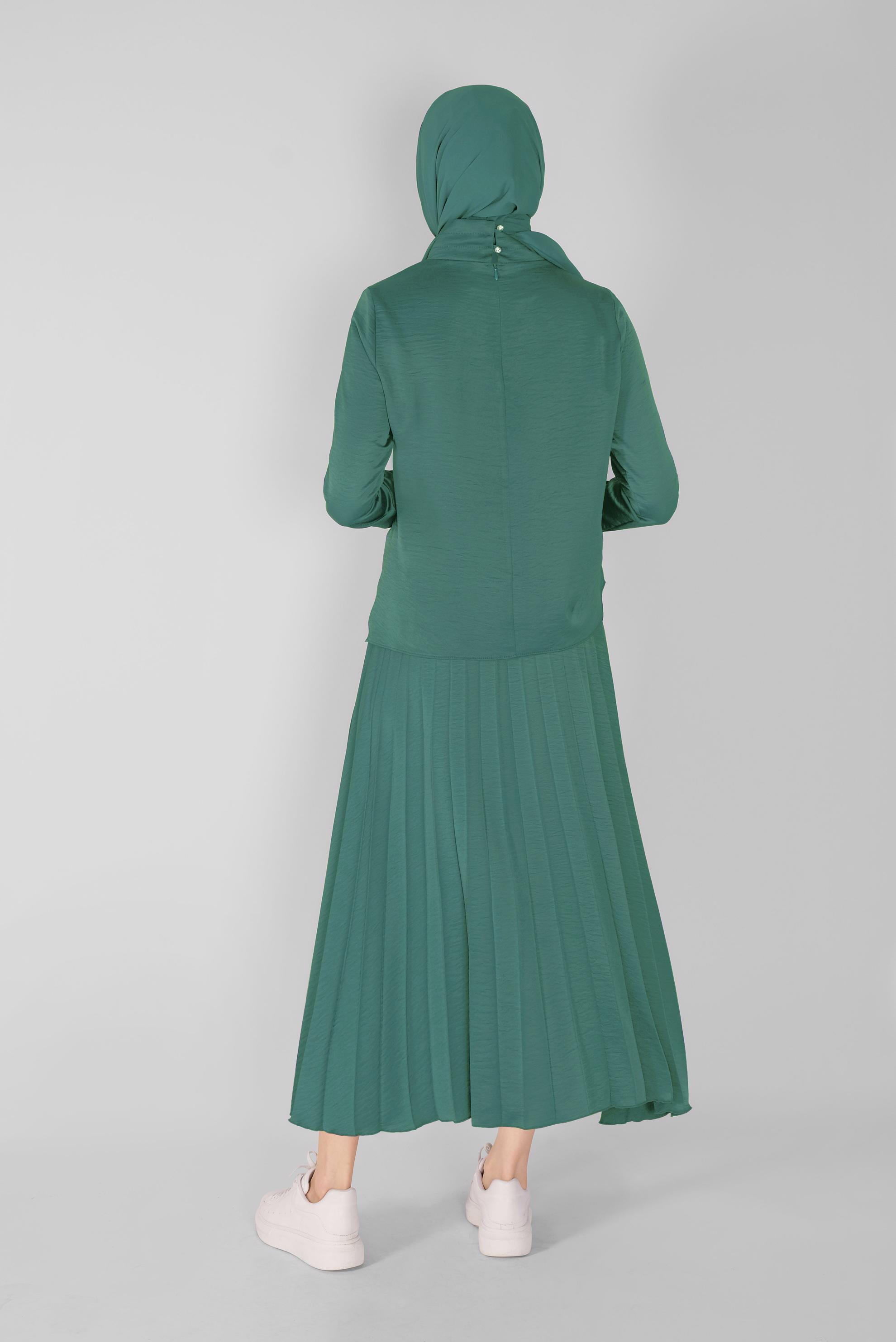 Tesettür giyim MAVİ RİBANA DETAYLI PİLİSE ETEKLİ İKİLİ TAKIM  41539