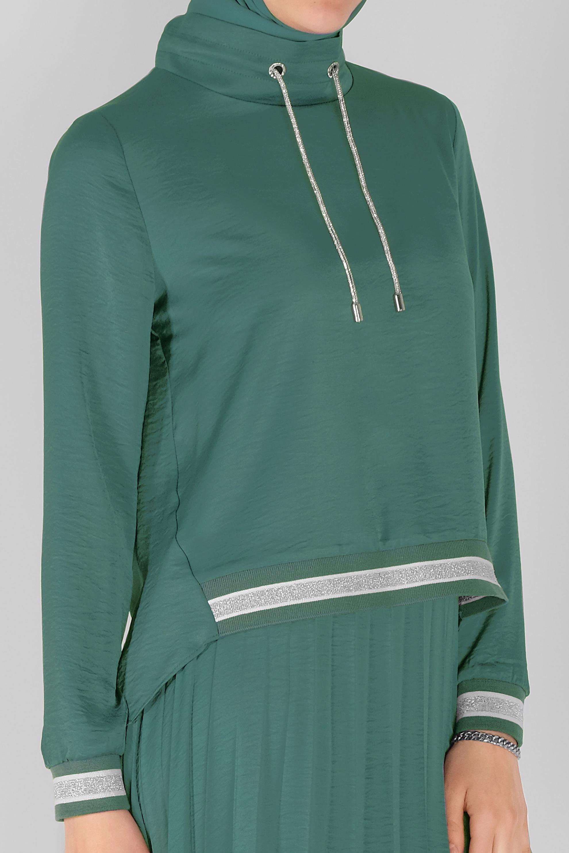 Tesettür giyim MAVİ RİBANA DETAYLI PİLİSE ETEKLİ İKİLİ TAKIM  41539