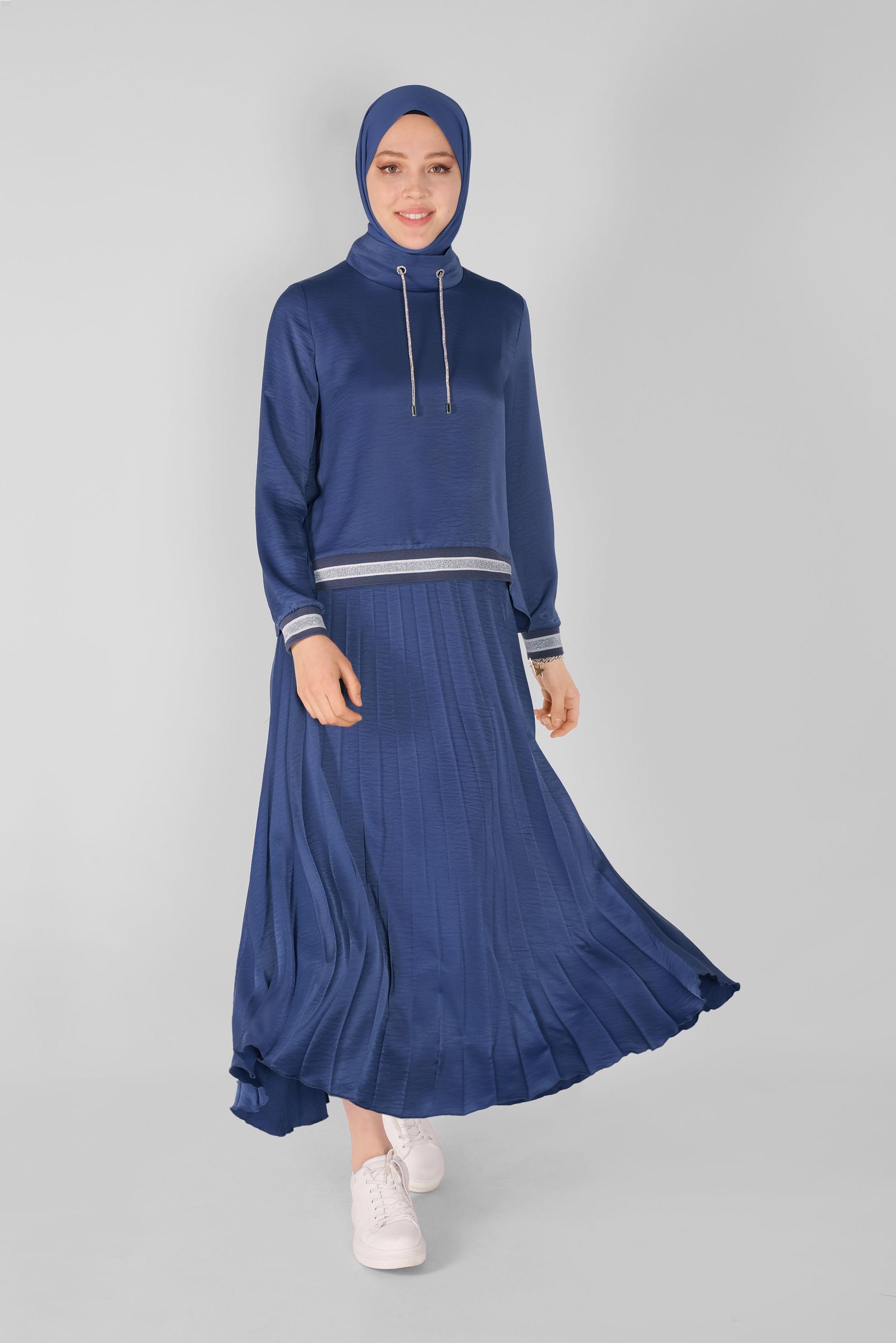 Tesettür giyim LACİVERT RİBANA DETAYLI PİLİSE ETEKLİ İKİLİ TAKIM  41539