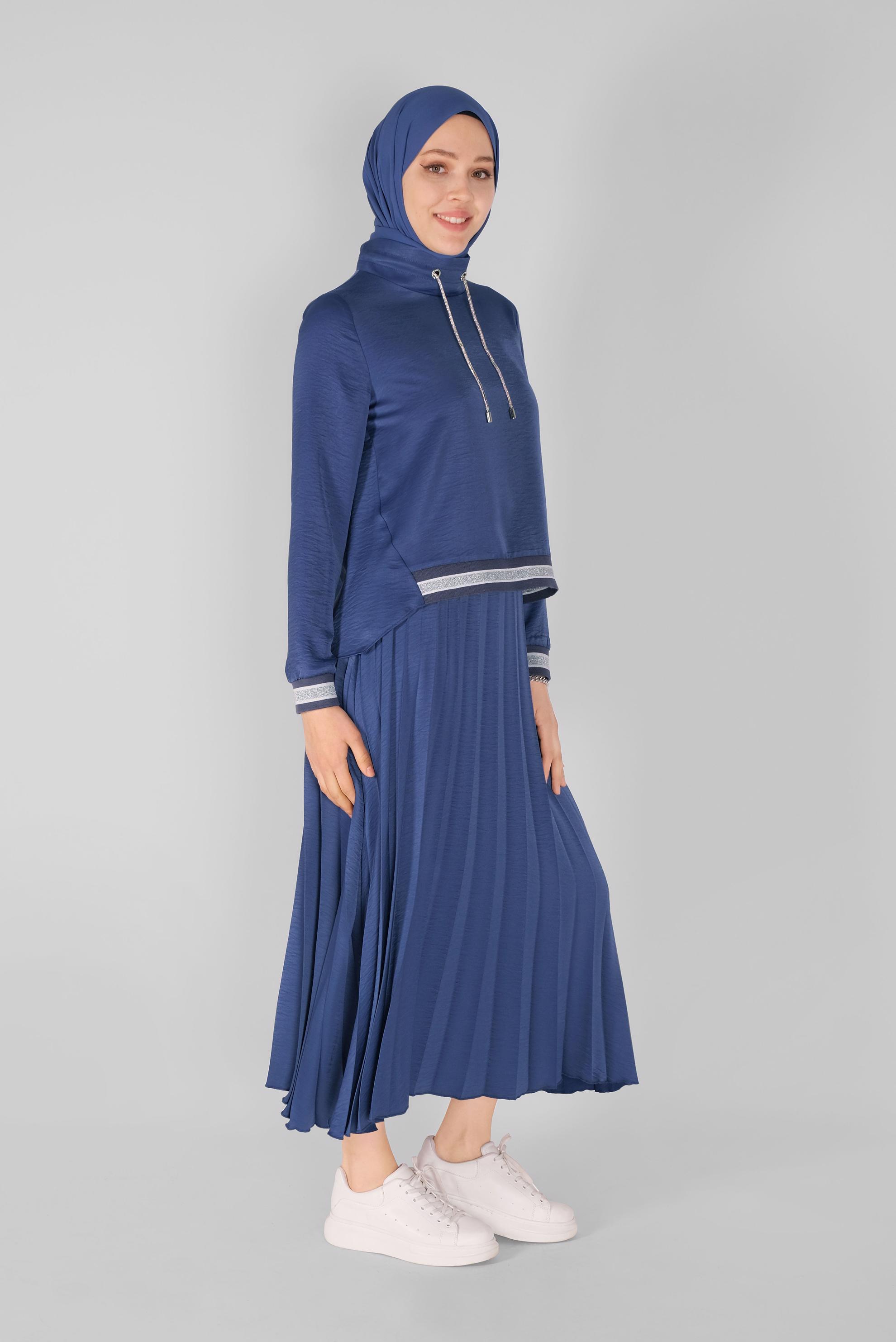 Tesettür giyim LACİVERT RİBANA DETAYLI PİLİSE ETEKLİ İKİLİ TAKIM  41539