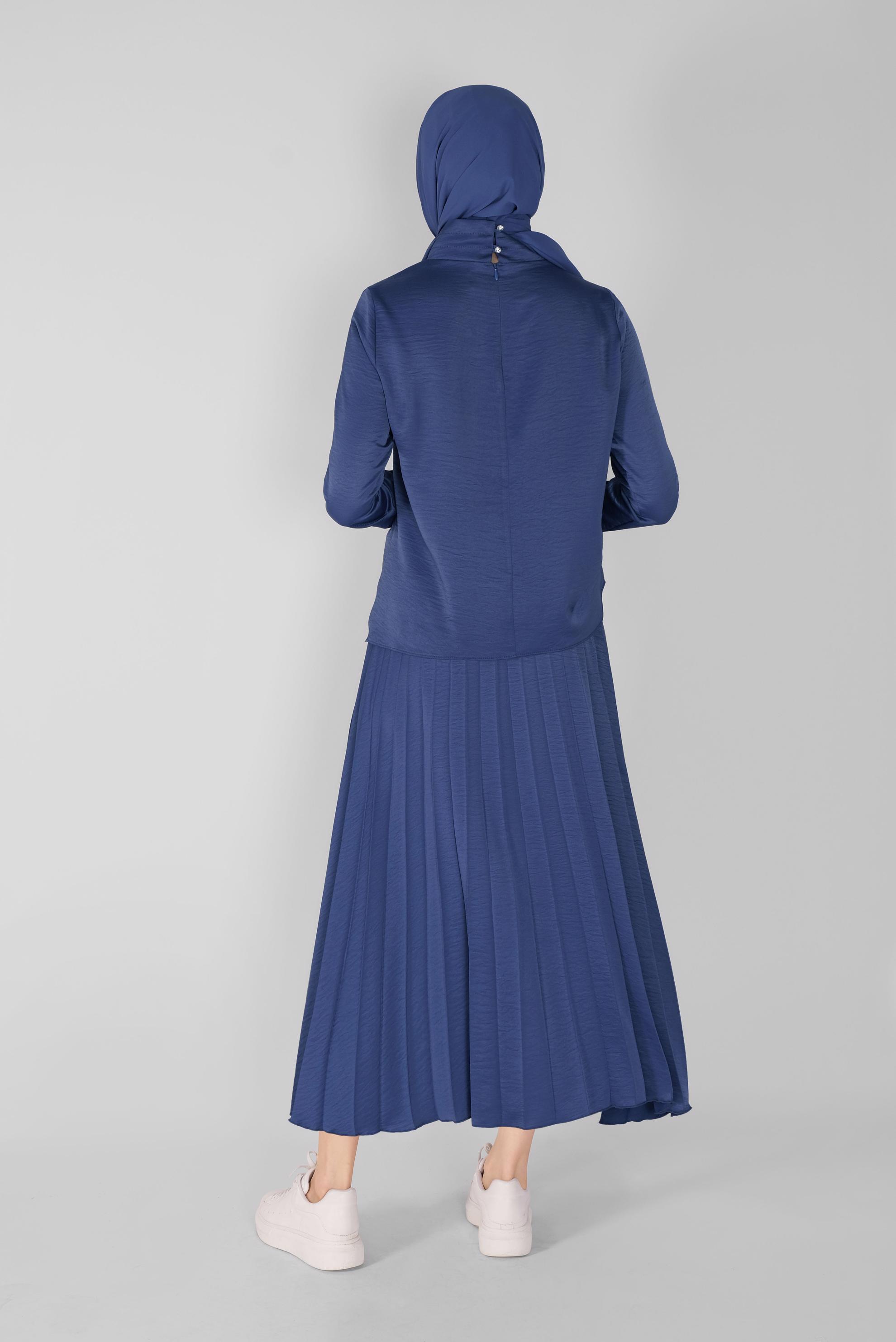 Tesettür giyim LACİVERT RİBANA DETAYLI PİLİSE ETEKLİ İKİLİ TAKIM  41539