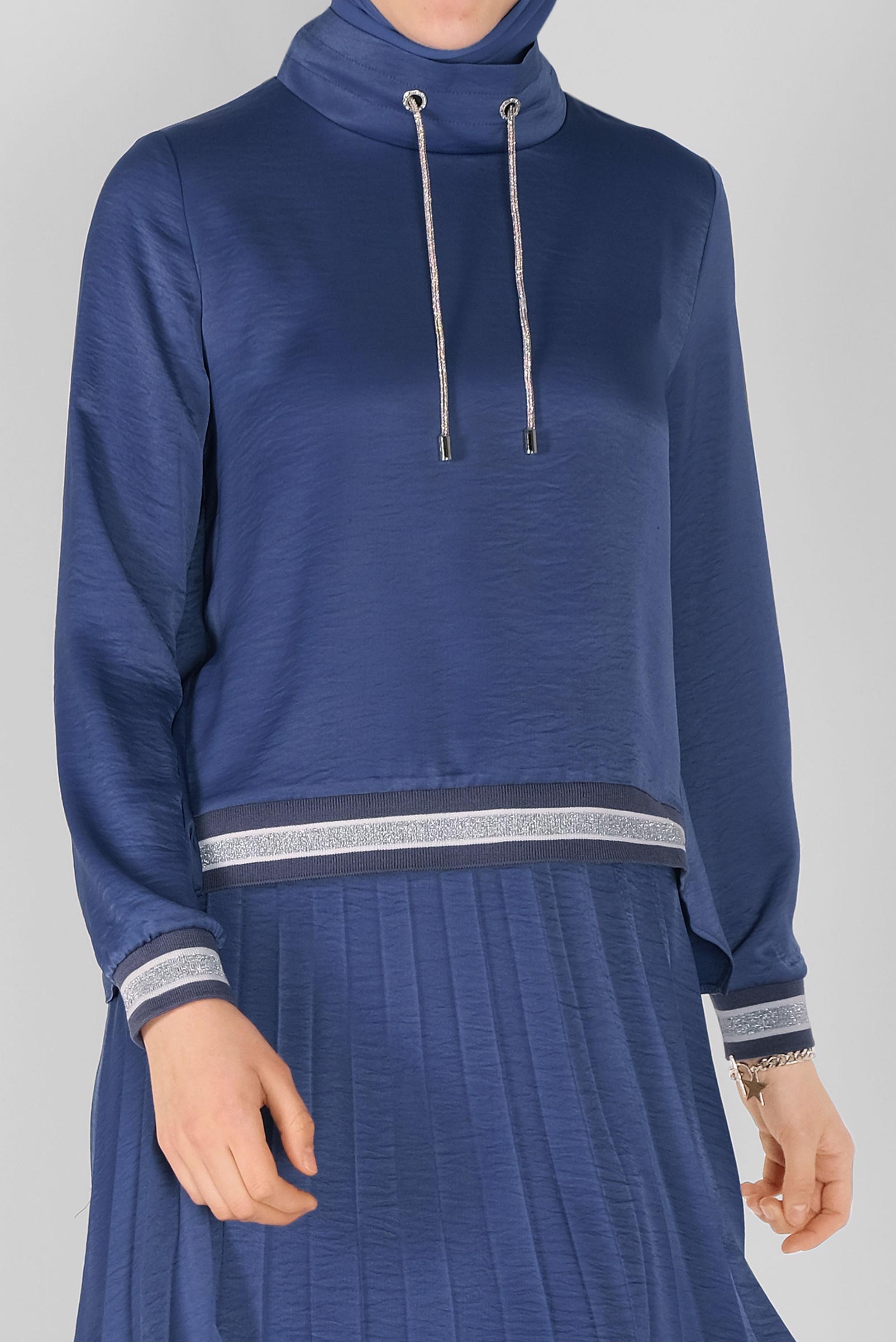 Tesettür giyim LACİVERT RİBANA DETAYLI PİLİSE ETEKLİ İKİLİ TAKIM  41539