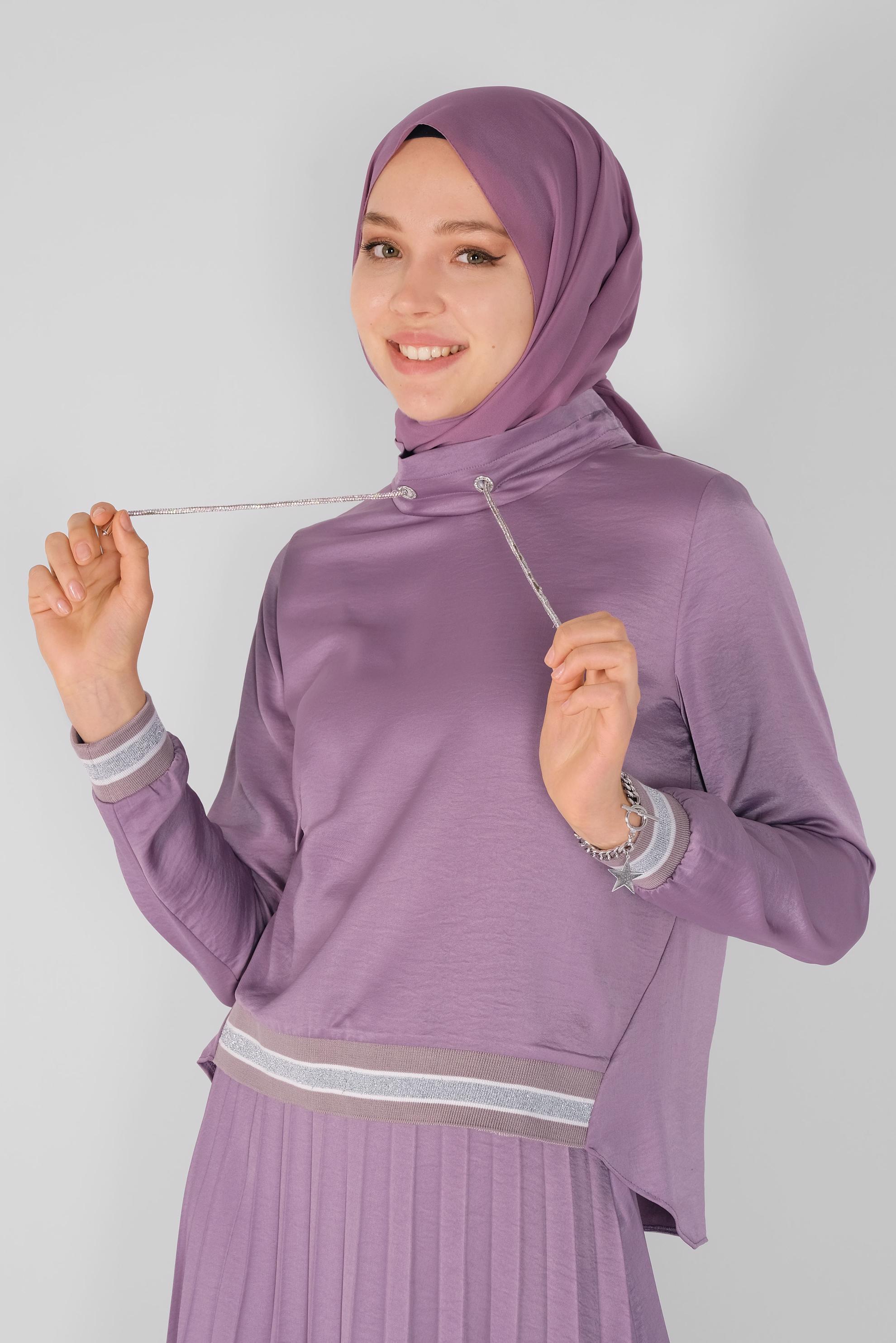 Tesettür giyim MOR RİBANA DETAYLI PİLİSE ETEKLİ İKİLİ TAKIM  41539