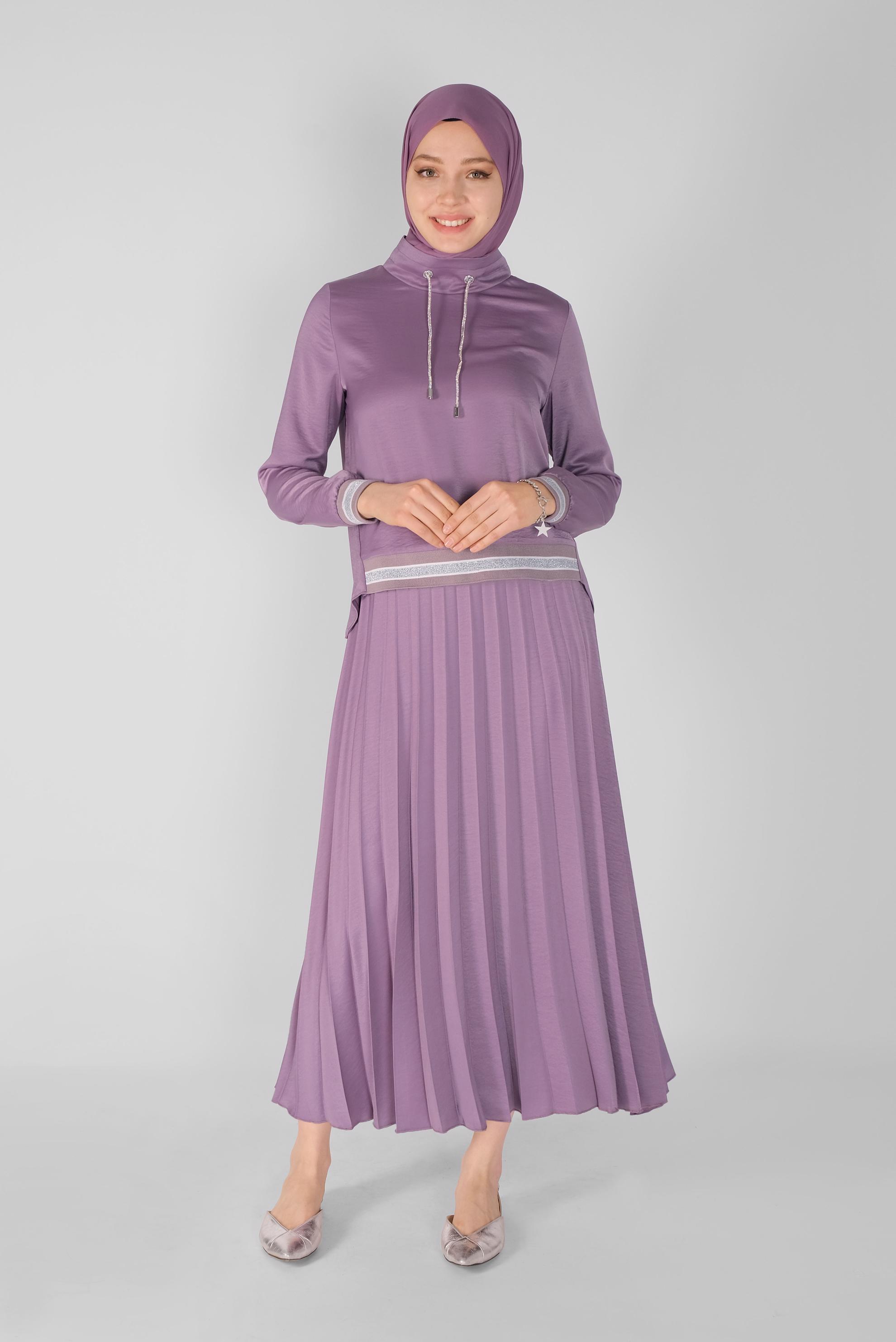 Tesettür giyim MOR RİBANA DETAYLI PİLİSE ETEKLİ İKİLİ TAKIM  41539