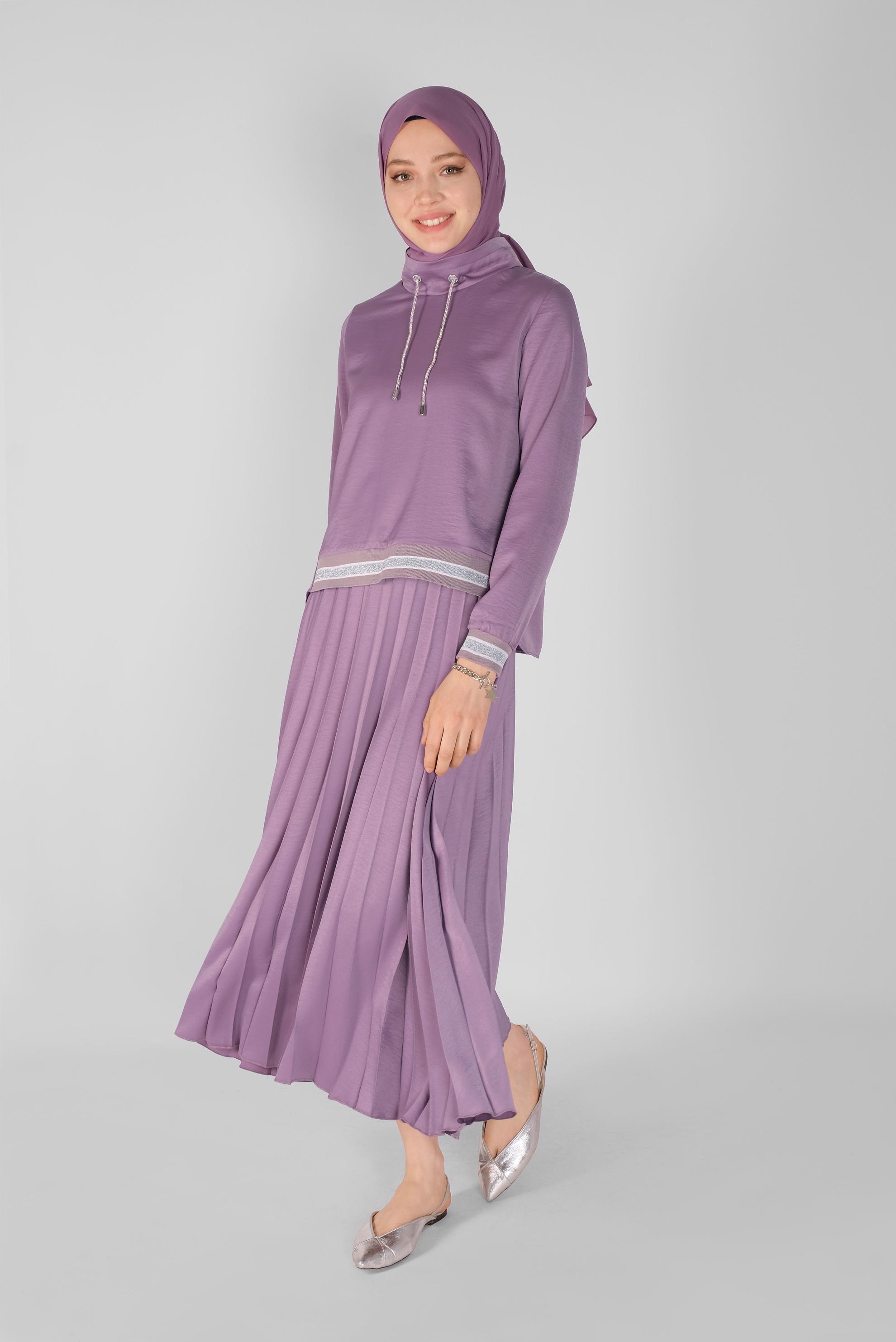 Tesettür giyim MOR RİBANA DETAYLI PİLİSE ETEKLİ İKİLİ TAKIM  41539