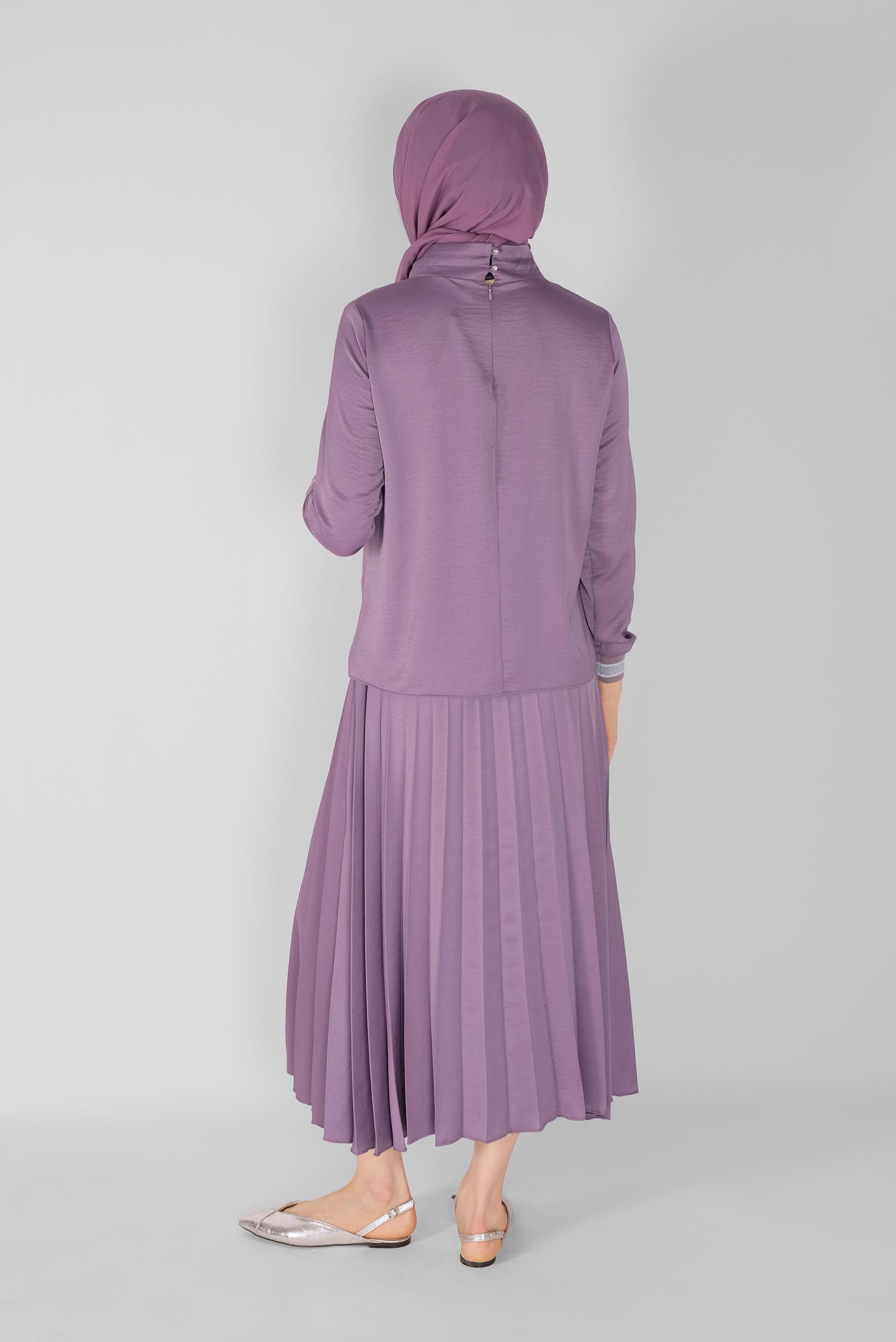Tesettür giyim MOR RİBANA DETAYLI PİLİSE ETEKLİ İKİLİ TAKIM  41539