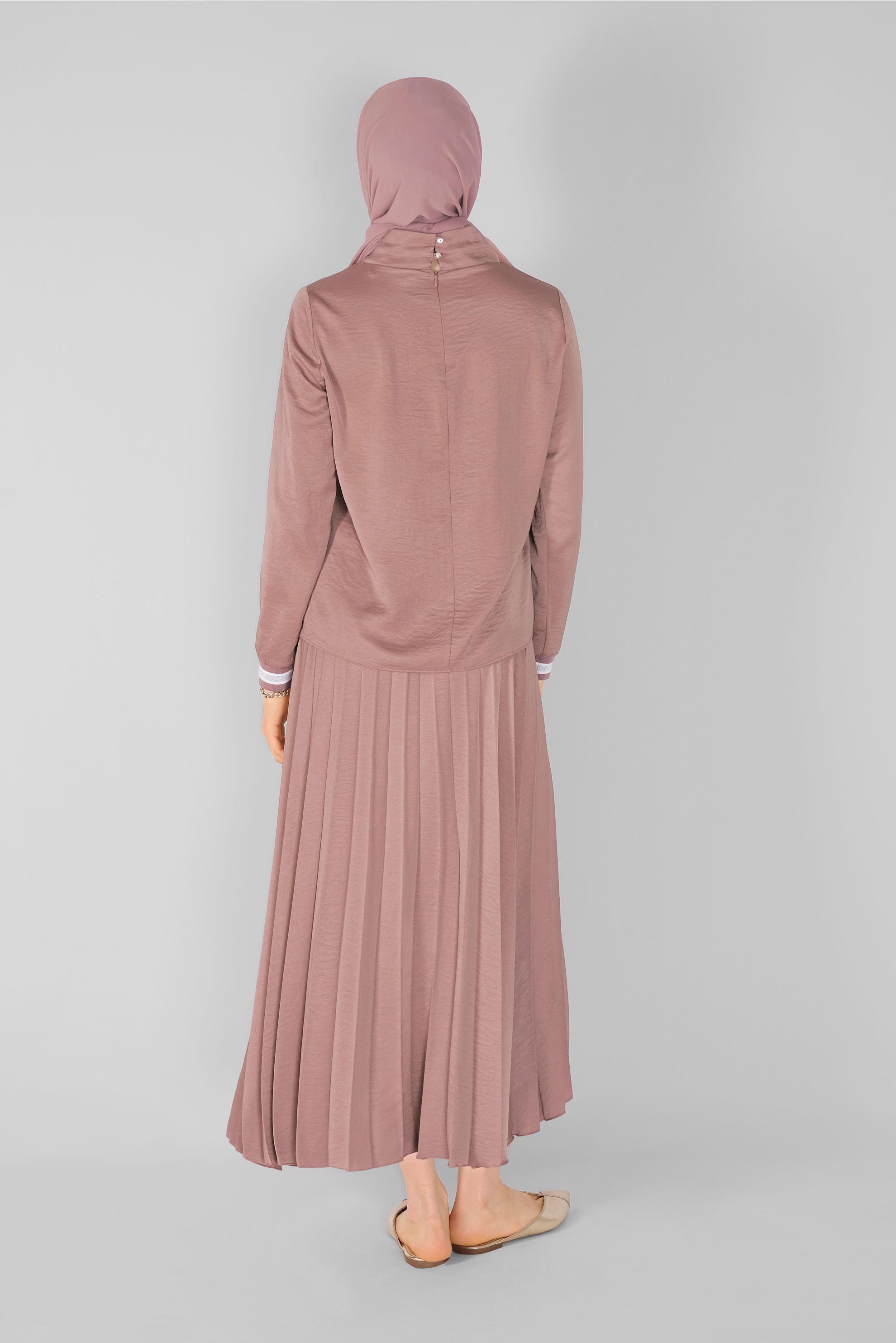 Tesettür giyim PUDRA RİBANA DETAYLI PİLİSE ETEKLİ İKİLİ TAKIM  41539