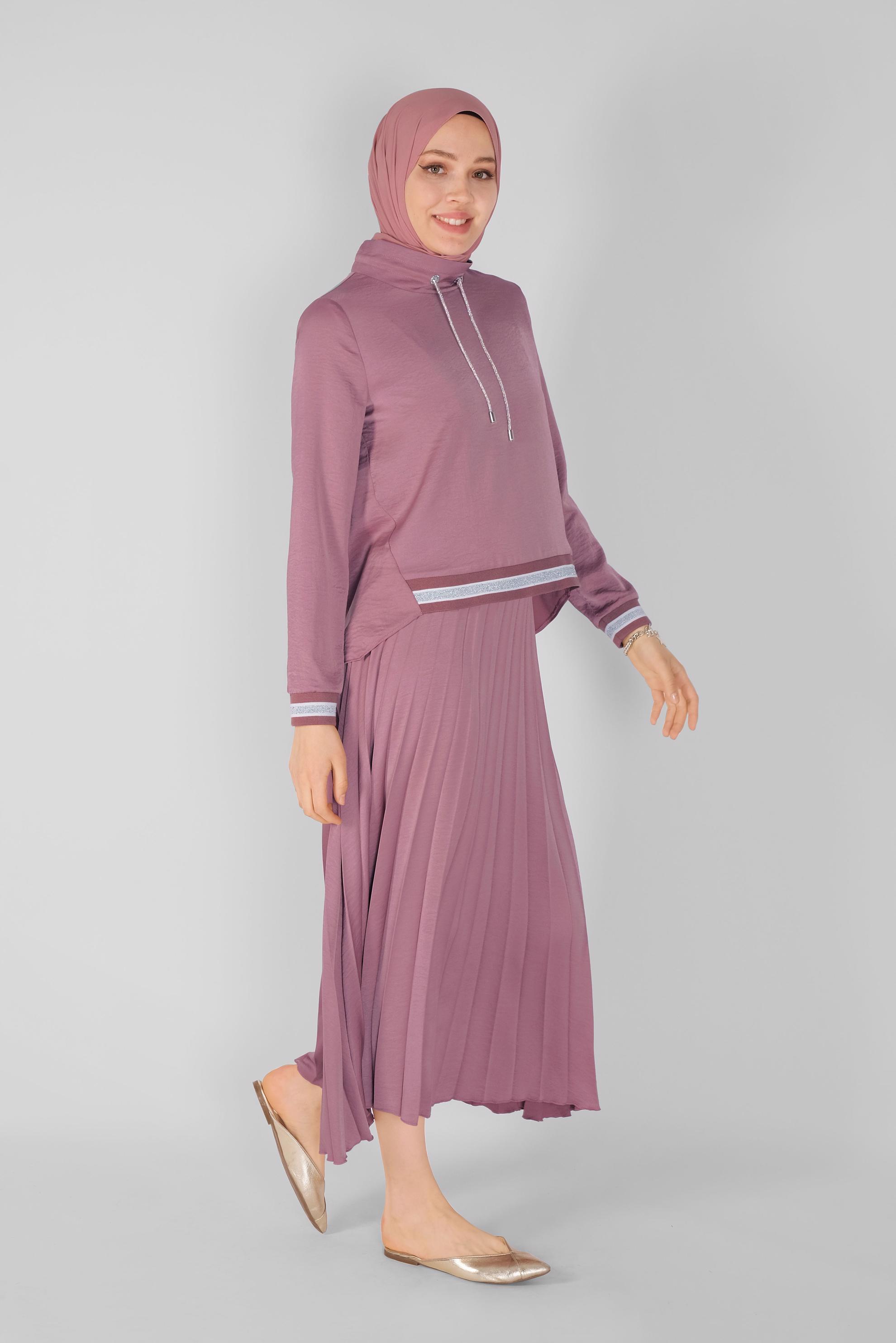 Tesettür giyim PEMBE RİBANA DETAYLI PİLİSE ETEKLİ İKİLİ TAKIM  41539