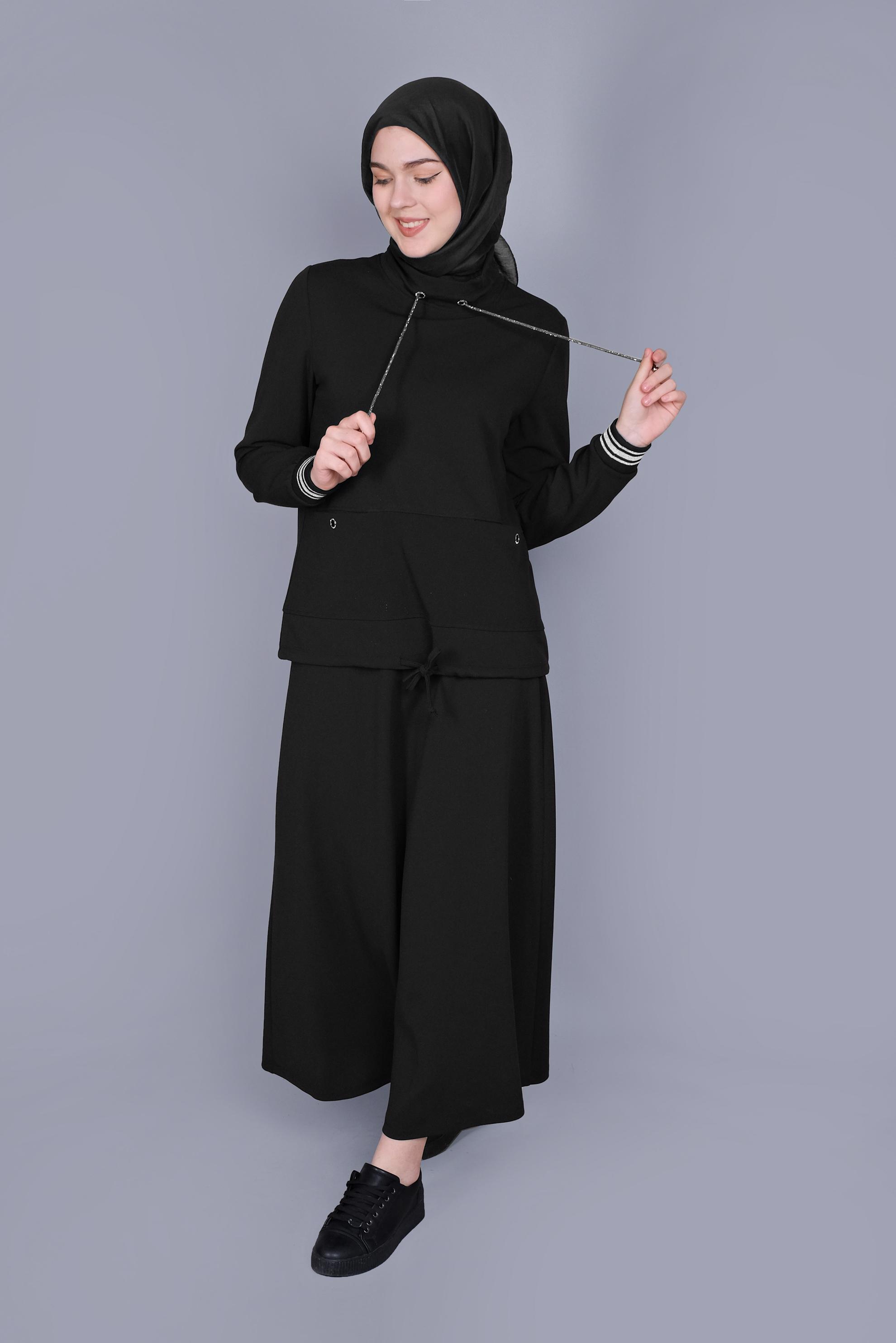 Tesettür giyim SİYAH TAŞLI BAĞCIK DETAYLI İKİLİ ETEKLİ TAKIM 41540 