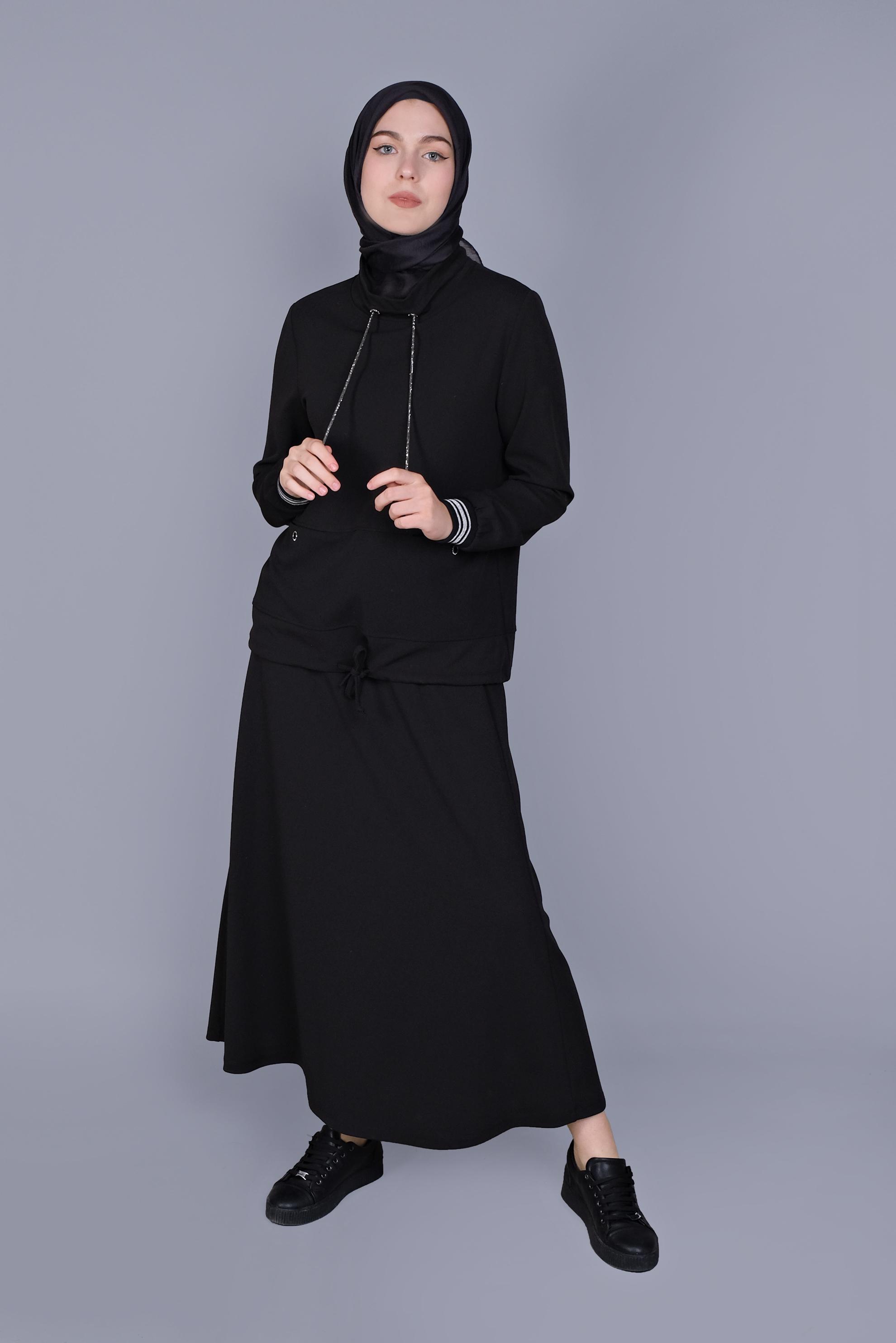 Tesettür giyim SİYAH TAŞLI BAĞCIK DETAYLI İKİLİ ETEKLİ TAKIM 41540 