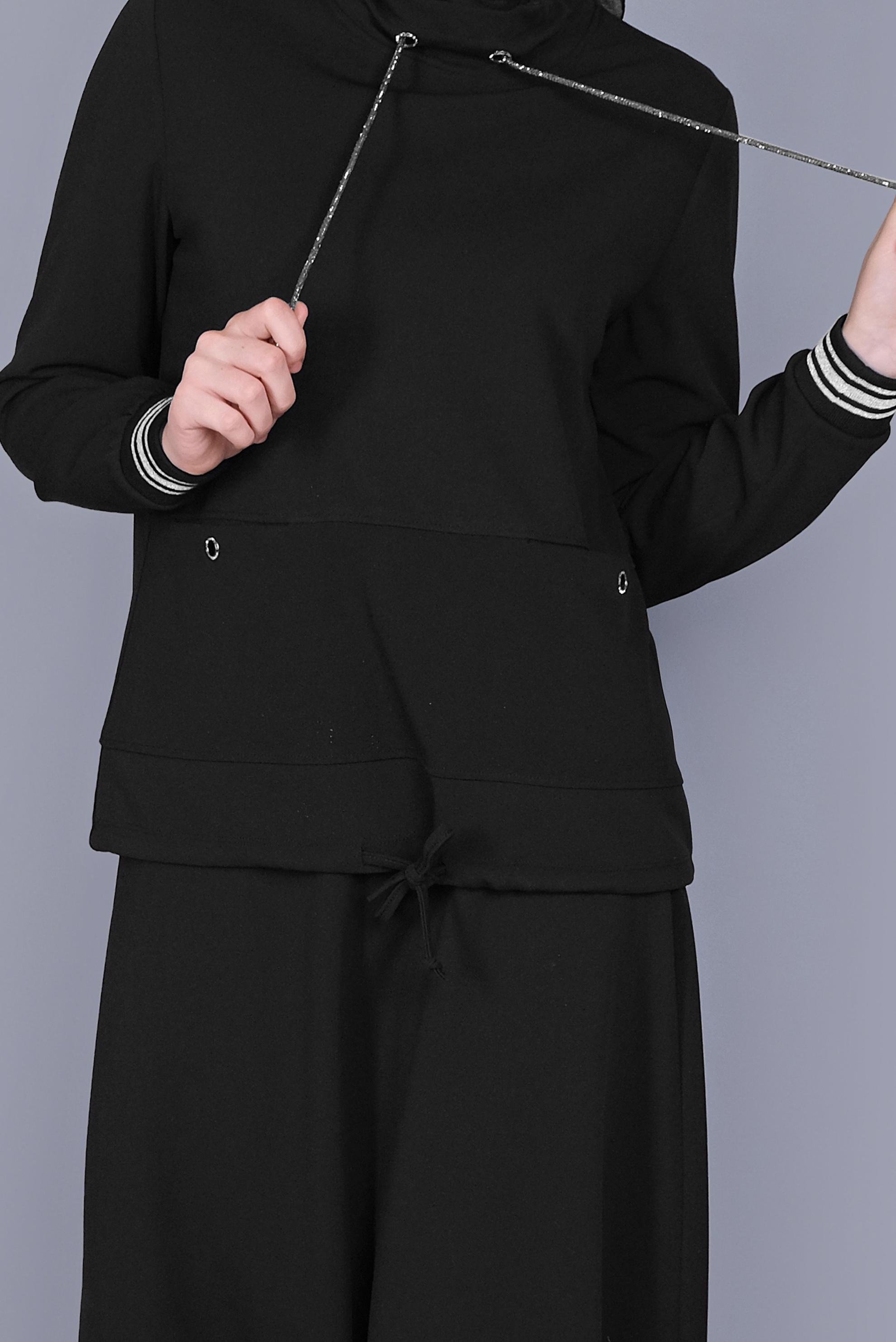 Tesettür giyim SİYAH TAŞLI BAĞCIK DETAYLI İKİLİ ETEKLİ TAKIM 41540 