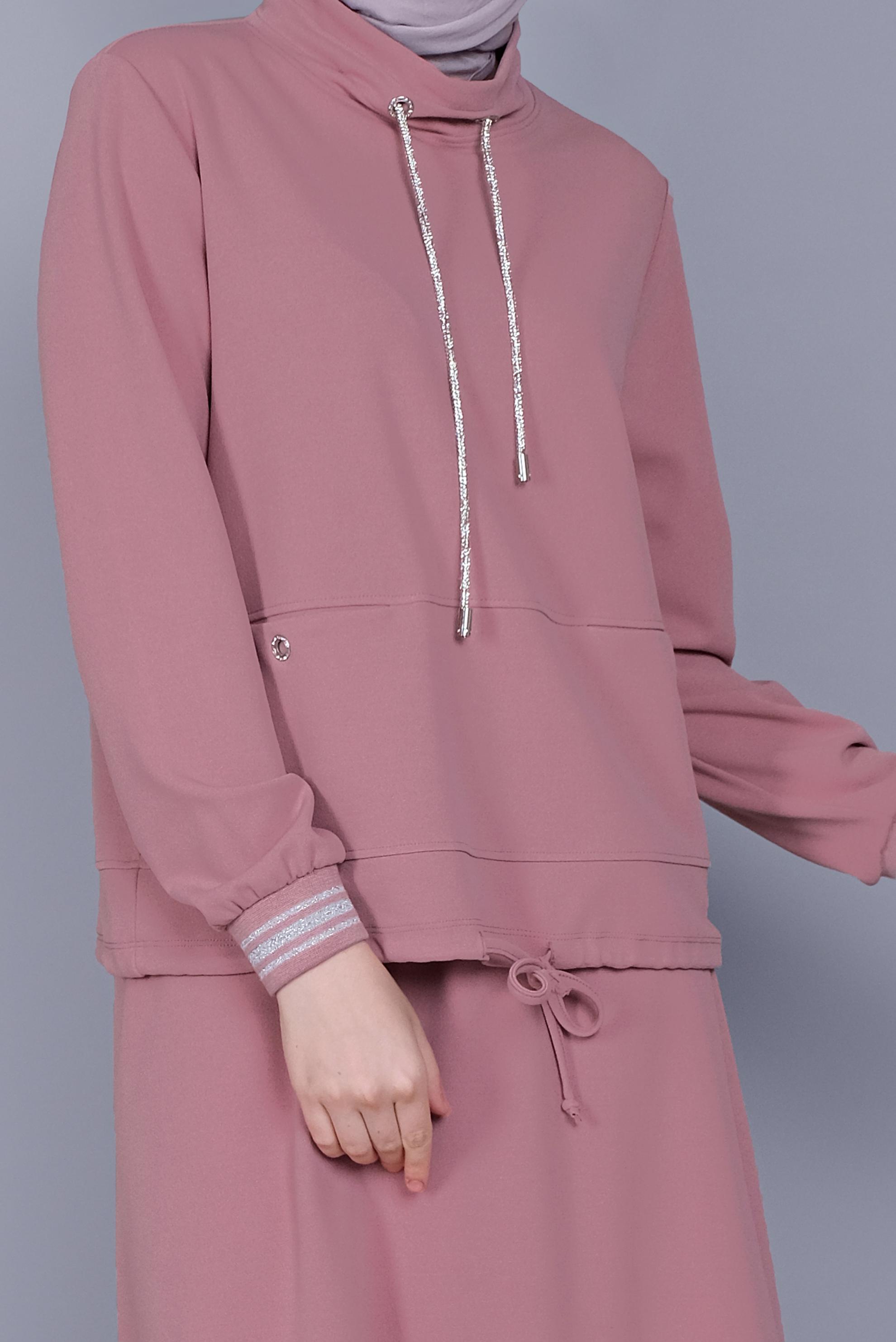 Tesettür giyim PUDRA TAŞLI BAĞCIK DETAYLI İKİLİ ETEKLİ TAKIM 41540 