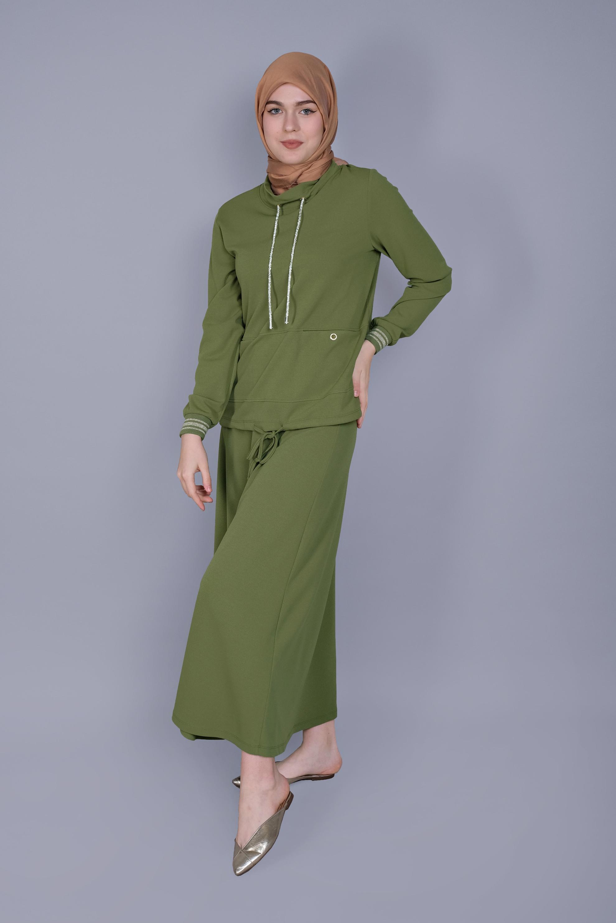 Tesettür giyim YEŞİL TAŞLI BAĞCIK DETAYLI İKİLİ ETEKLİ TAKIM 41540 