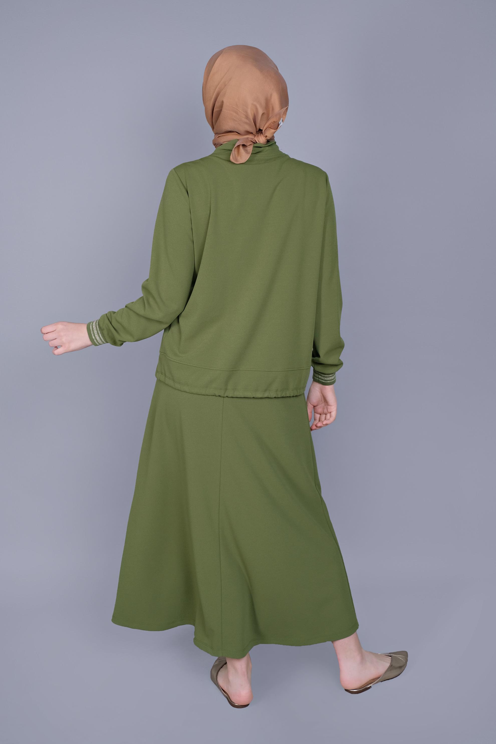 Tesettür giyim YEŞİL TAŞLI BAĞCIK DETAYLI İKİLİ ETEKLİ TAKIM 41540 