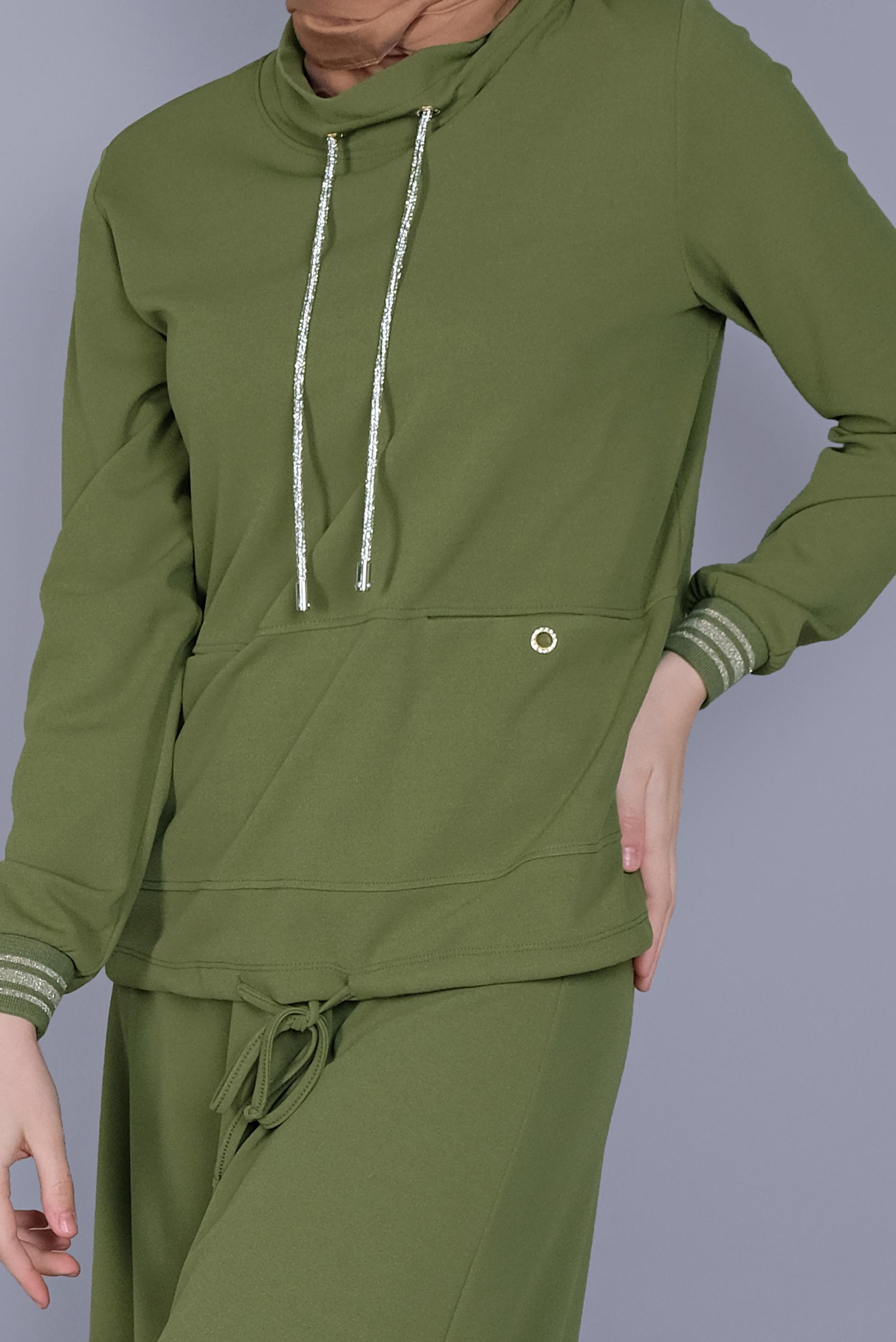 Tesettür giyim YEŞİL TAŞLI BAĞCIK DETAYLI İKİLİ ETEKLİ TAKIM 41540 