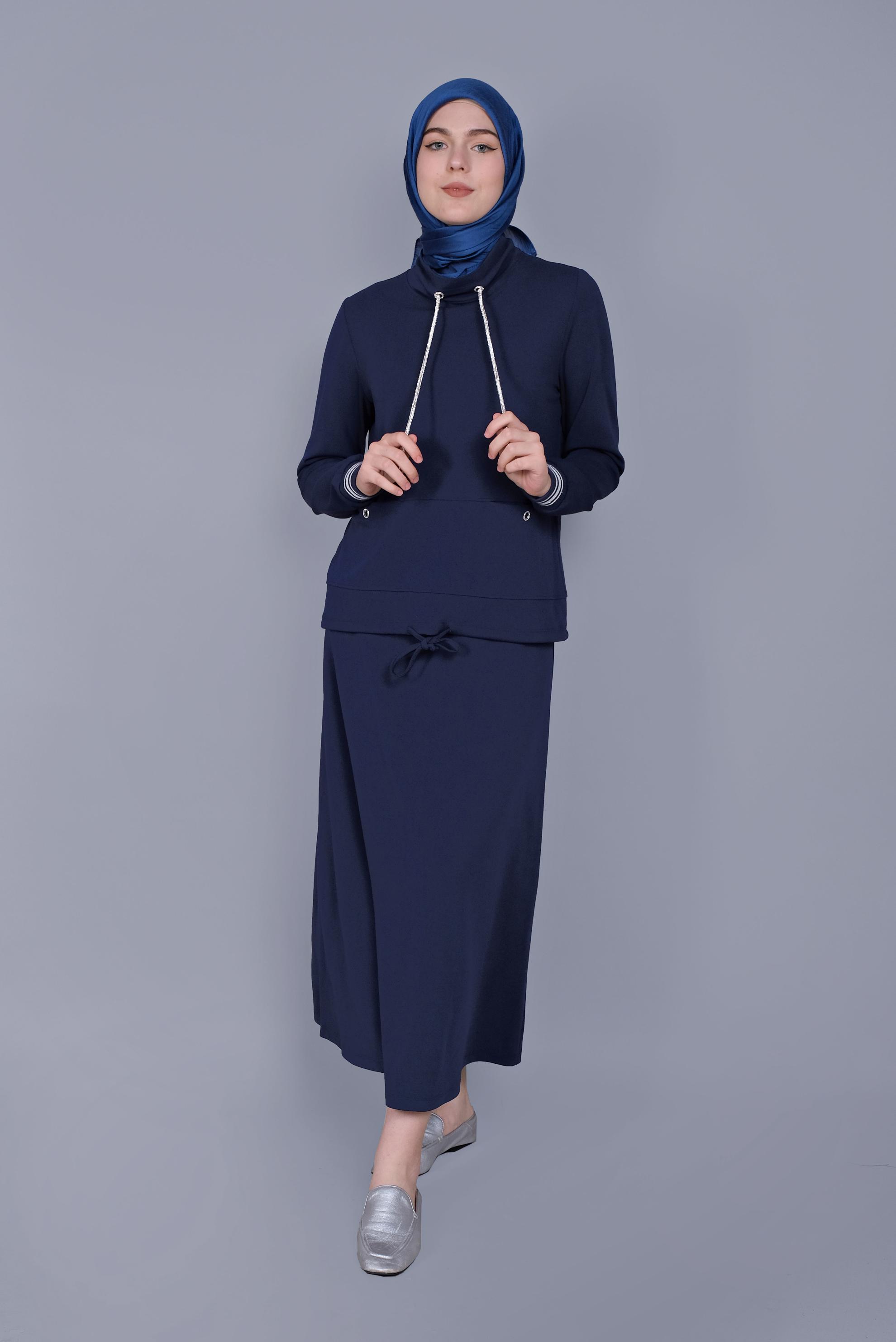Tesettür giyim LACİVERT TAŞLI BAĞCIK DETAYLI İKİLİ ETEKLİ TAKIM 41540 