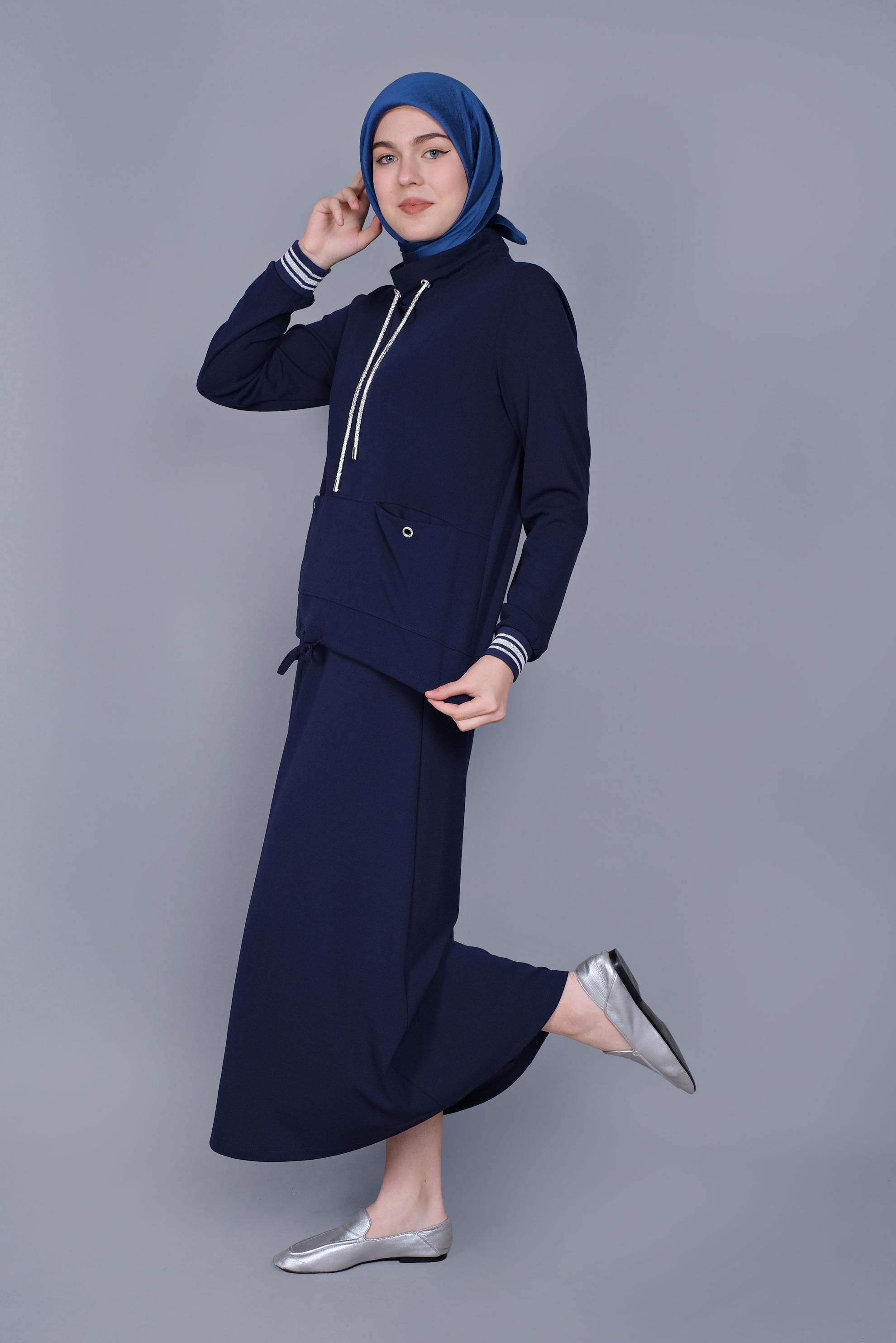Tesettür giyim LACİVERT TAŞLI BAĞCIK DETAYLI İKİLİ ETEKLİ TAKIM 41540 