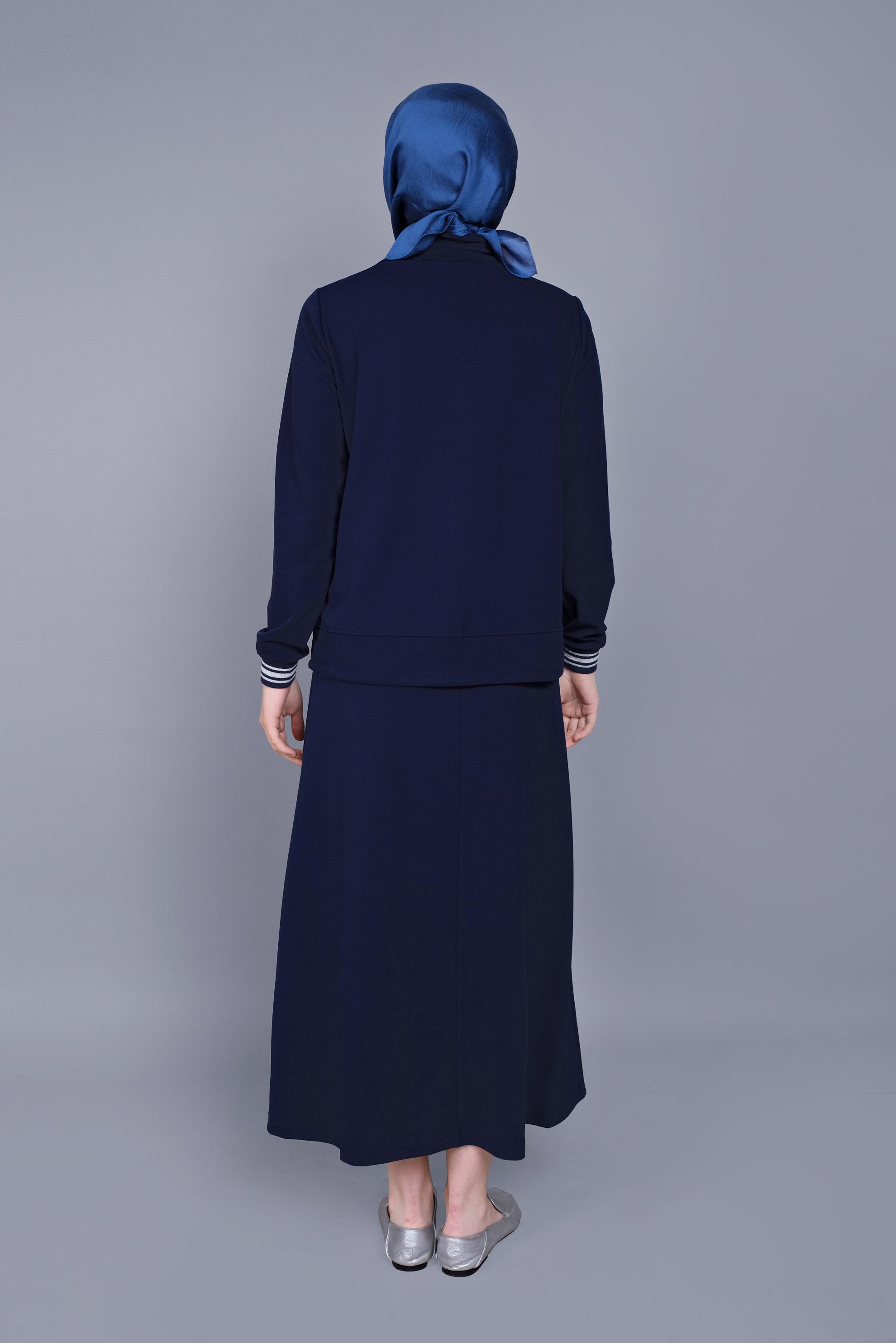 Tesettür giyim LACİVERT TAŞLI BAĞCIK DETAYLI İKİLİ ETEKLİ TAKIM 41540 