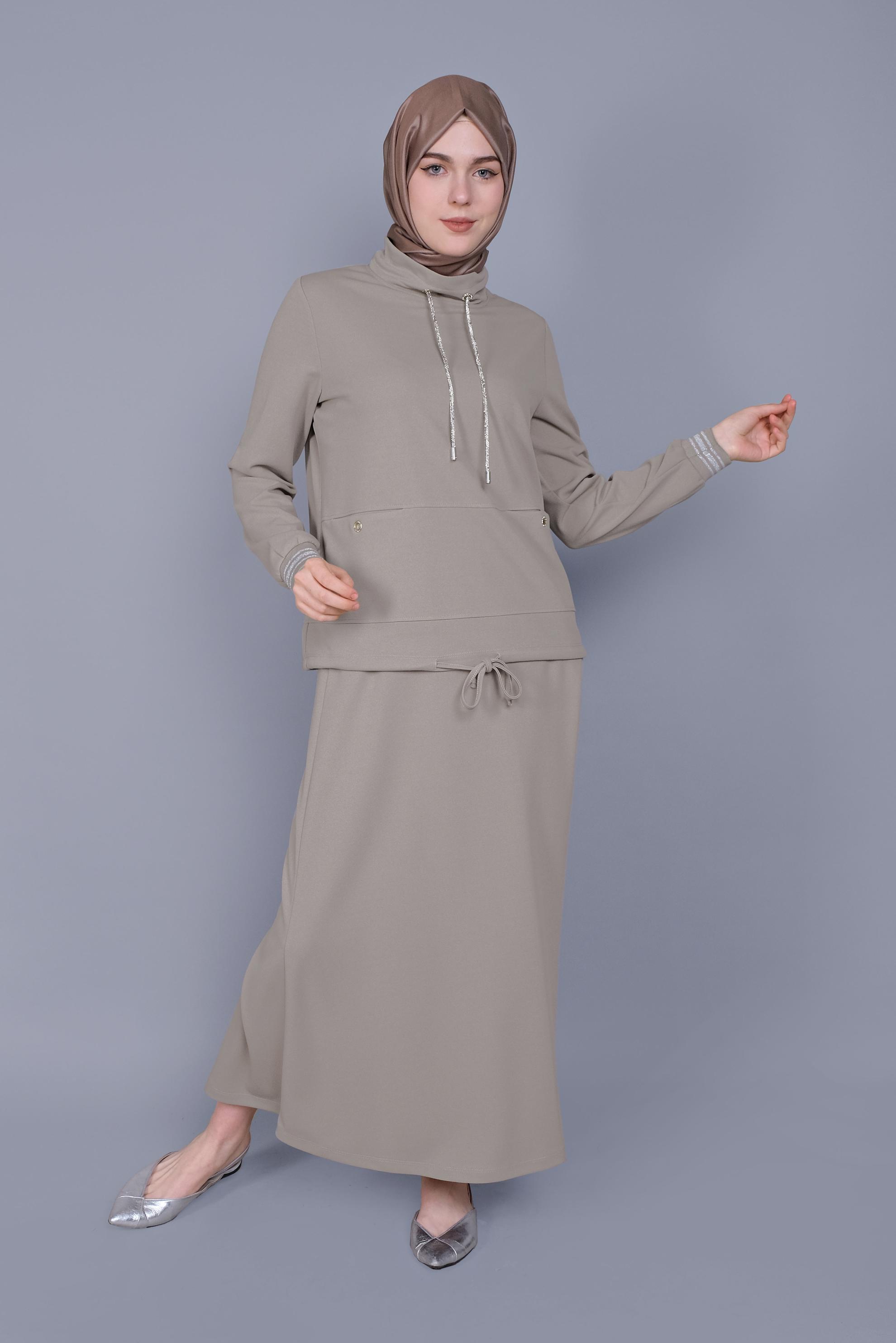 Tesettür giyim VİZON TAŞLI BAĞCIK DETAYLI İKİLİ ETEKLİ TAKIM 41540 