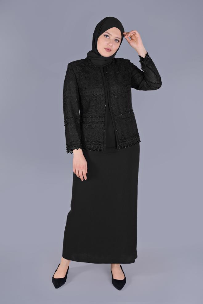 Vêtements hijab NOIR COSTUME 2 PIÈCES À LACETS ET PERLES 30102 - ALVİNA
