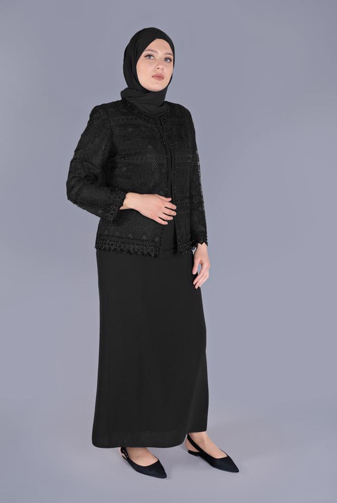 Vêtements hijab NOIR COSTUME 2 PIÈCES À LACETS ET PERLES 30102 - ALVİNA