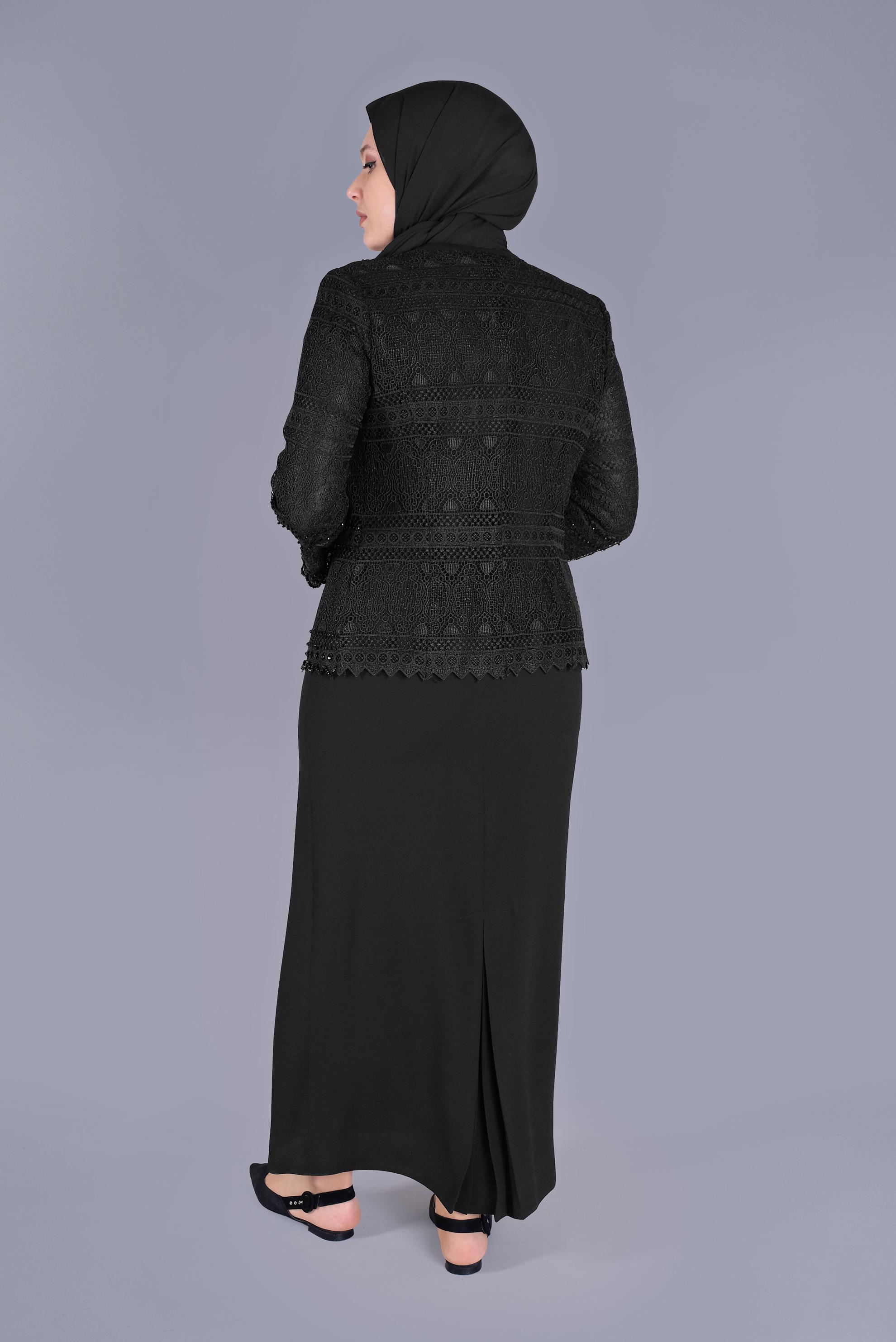 Tesettür giyim SİYAH DANTELLİ BONCUKLU KADIN TESETTÜR İKİLİ ELBİSELİ TAKIM 30102 