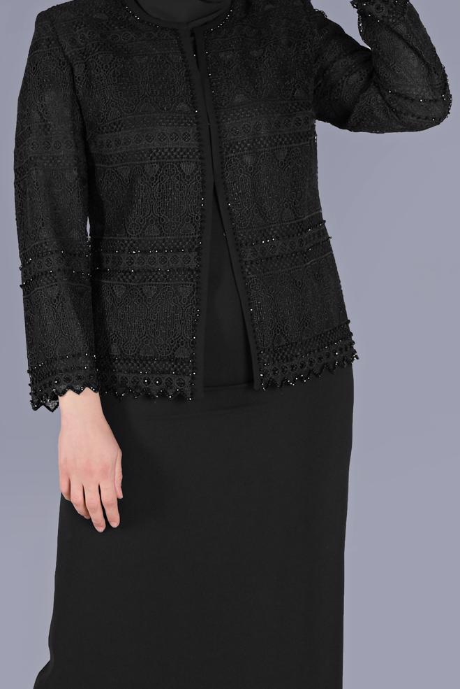 Vêtements hijab NOIR COSTUME 2 PIÈCES À LACETS ET PERLES 30102 - ALVİNA