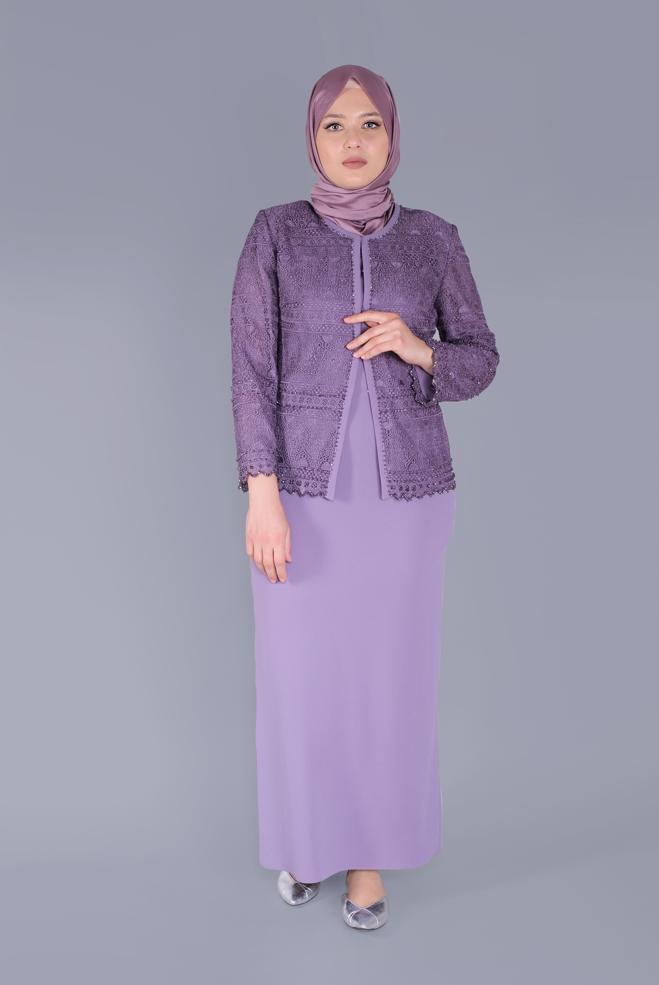 Vêtements hijab POURPRE COSTUME 2 PIÈCES À LACETS ET PERLES 30102 - ALVİNA