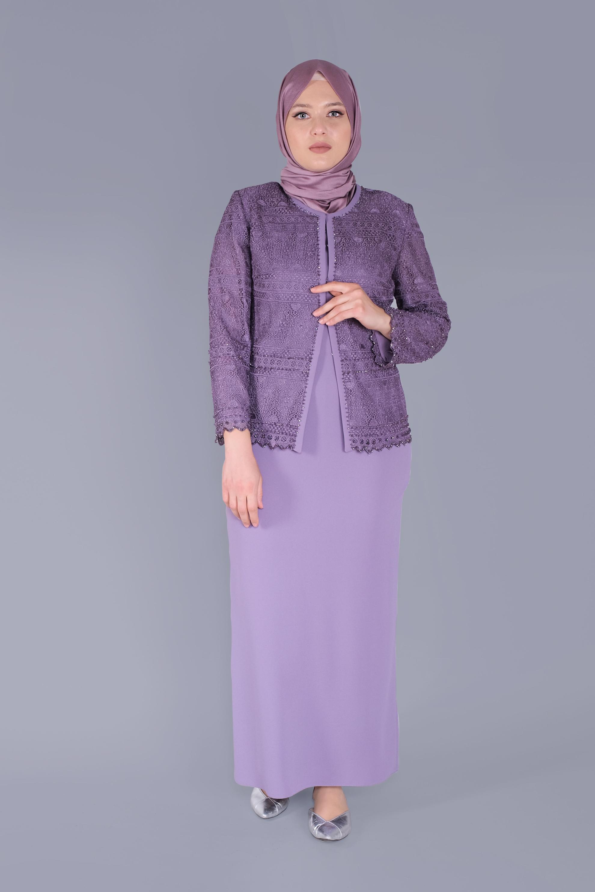 Hijab clothing PURPLE LACED BEADED 2-PIECE SUIT 30102 