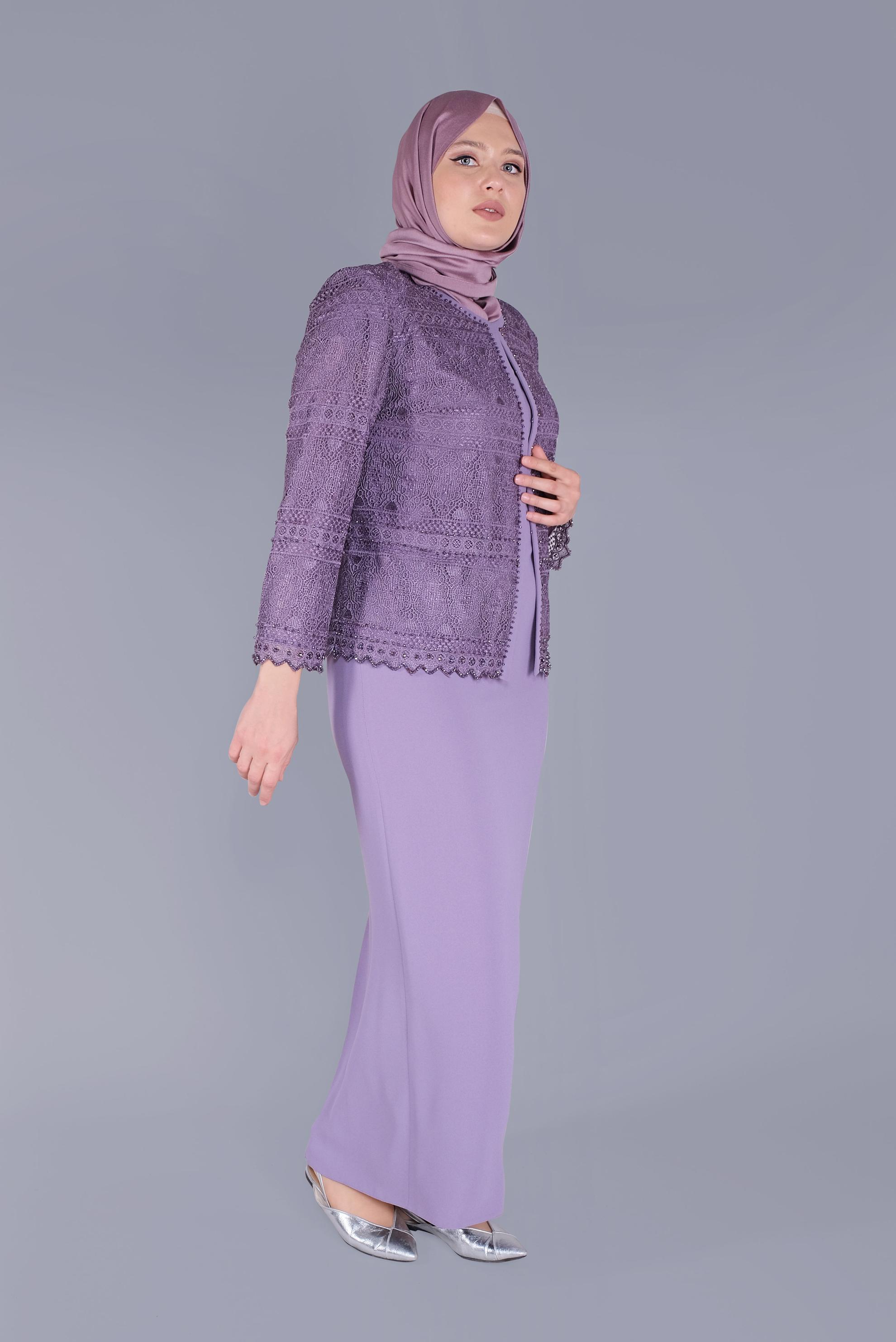 Hijab clothing PURPLE LACED BEADED 2-PIECE SUIT 30102 