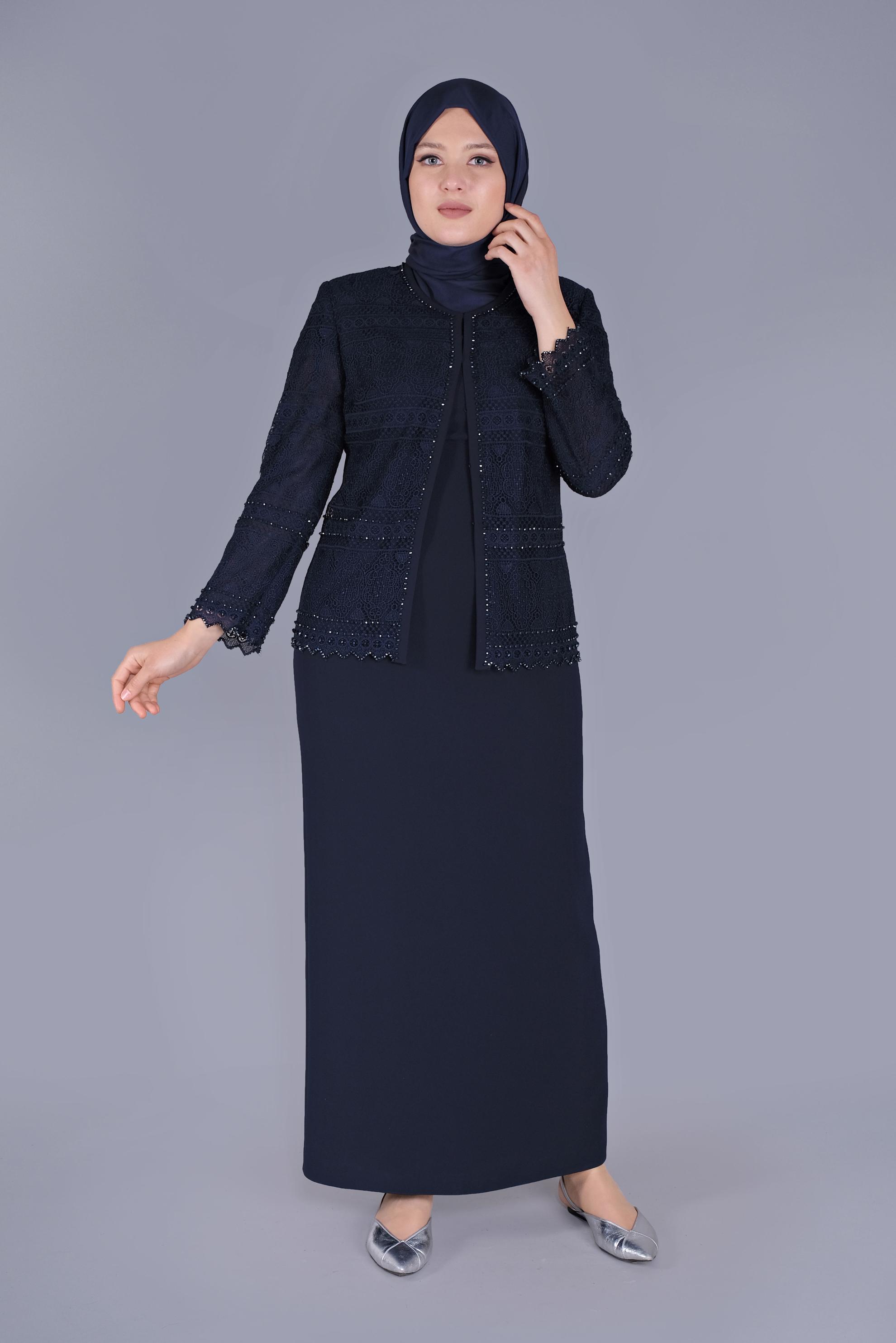 Tesettür giyim LACİVERT DANTELLİ BONCUKLU KADIN TESETTÜR İKİLİ ELBİSELİ TAKIM 30102 