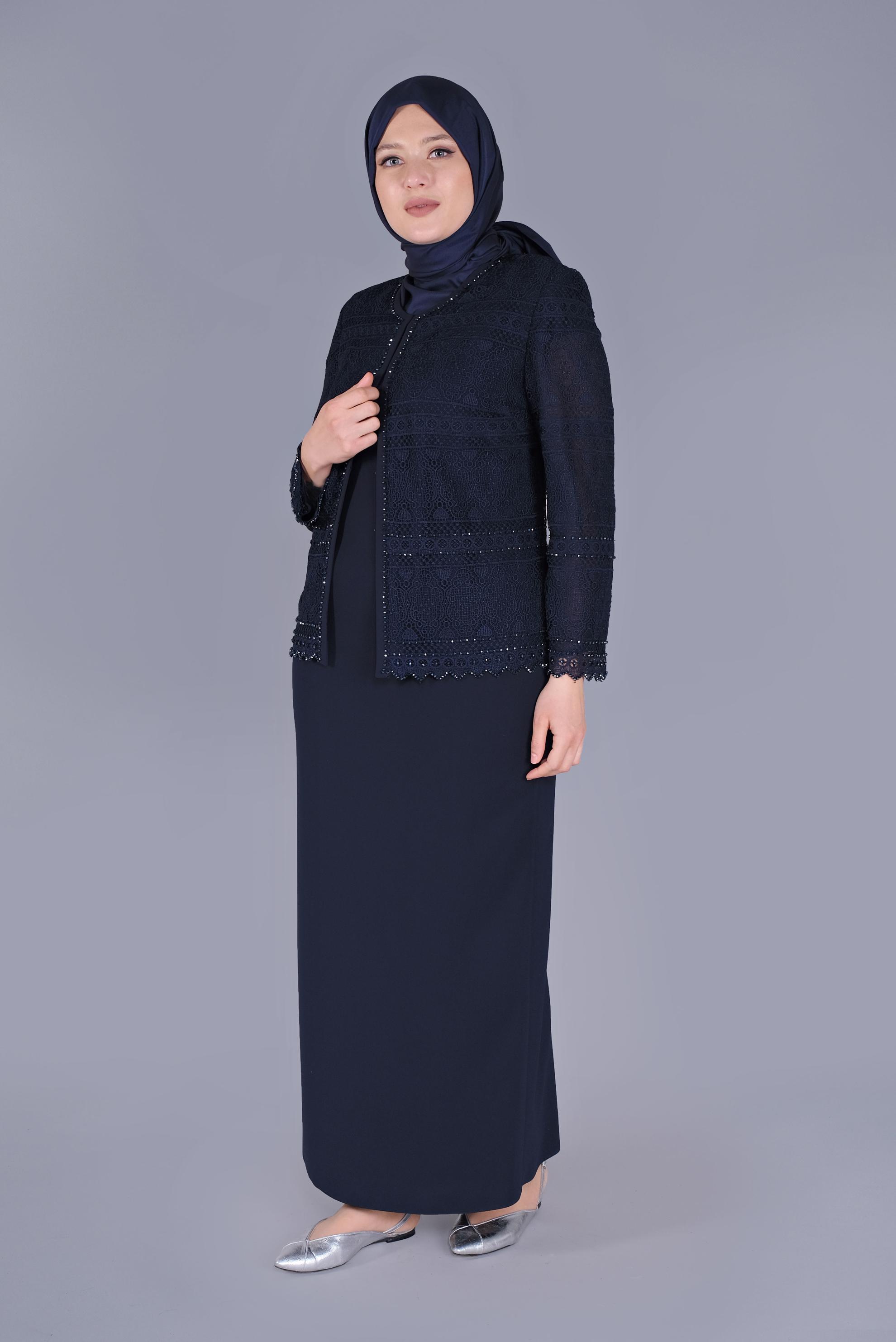 Tesettür giyim LACİVERT DANTELLİ BONCUKLU KADIN TESETTÜR İKİLİ ELBİSELİ TAKIM 30102 