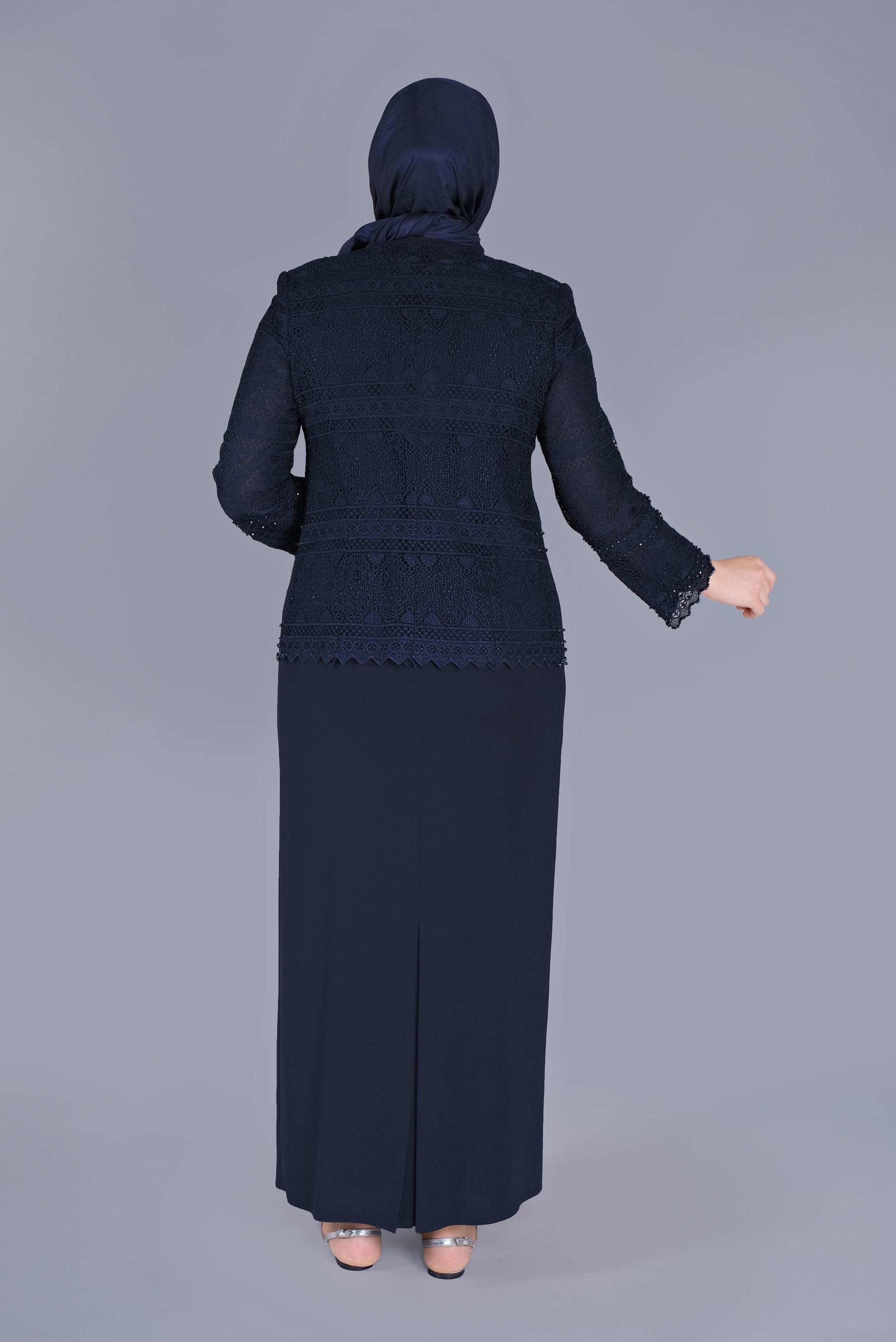 Tesettür giyim LACİVERT DANTELLİ BONCUKLU KADIN TESETTÜR İKİLİ ELBİSELİ TAKIM 30102 