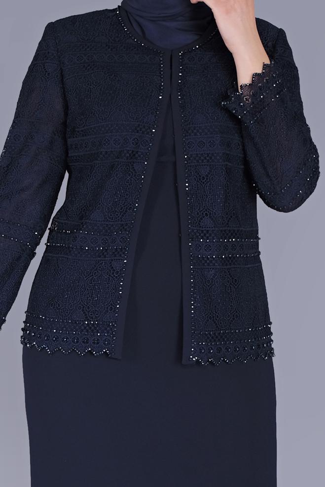 Vêtements hijab BLEU MARINE COSTUME 2 PIÈCES À LACETS ET PERLES 30102 - ALVİNA