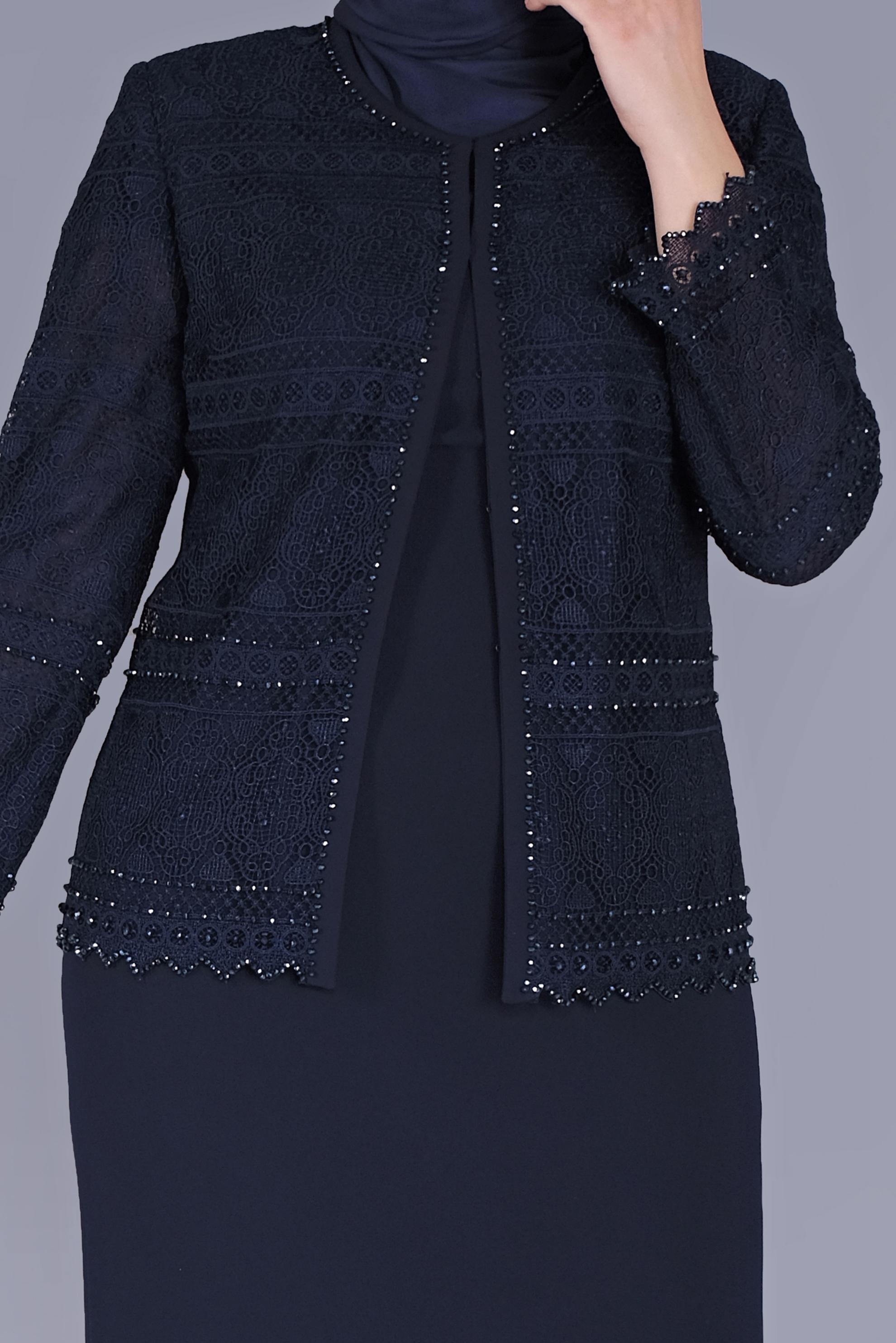 Tesettür giyim LACİVERT DANTELLİ BONCUKLU KADIN TESETTÜR İKİLİ ELBİSELİ TAKIM 30102 