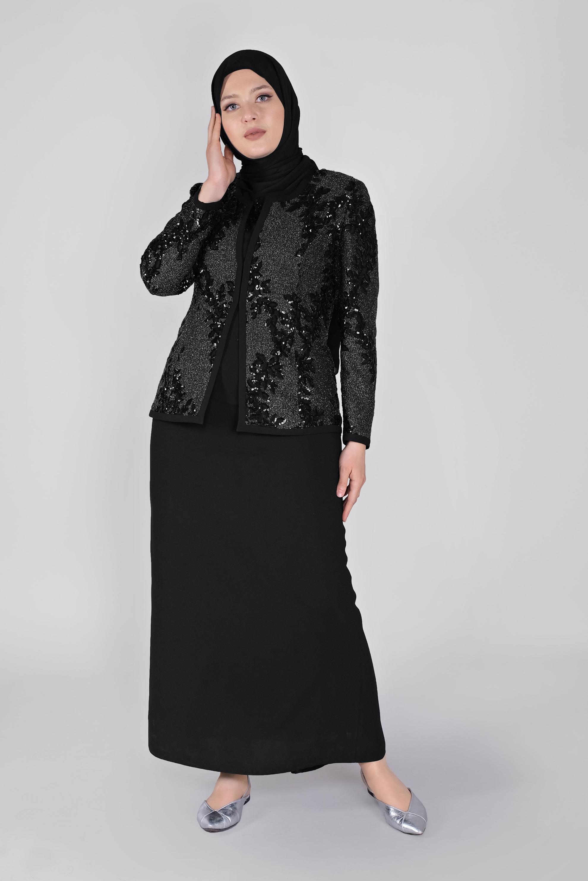 Tesettür giyim SİYAH PULLU CEKETLİ İKİLİ ELBİSELİ TAKIM 30103 