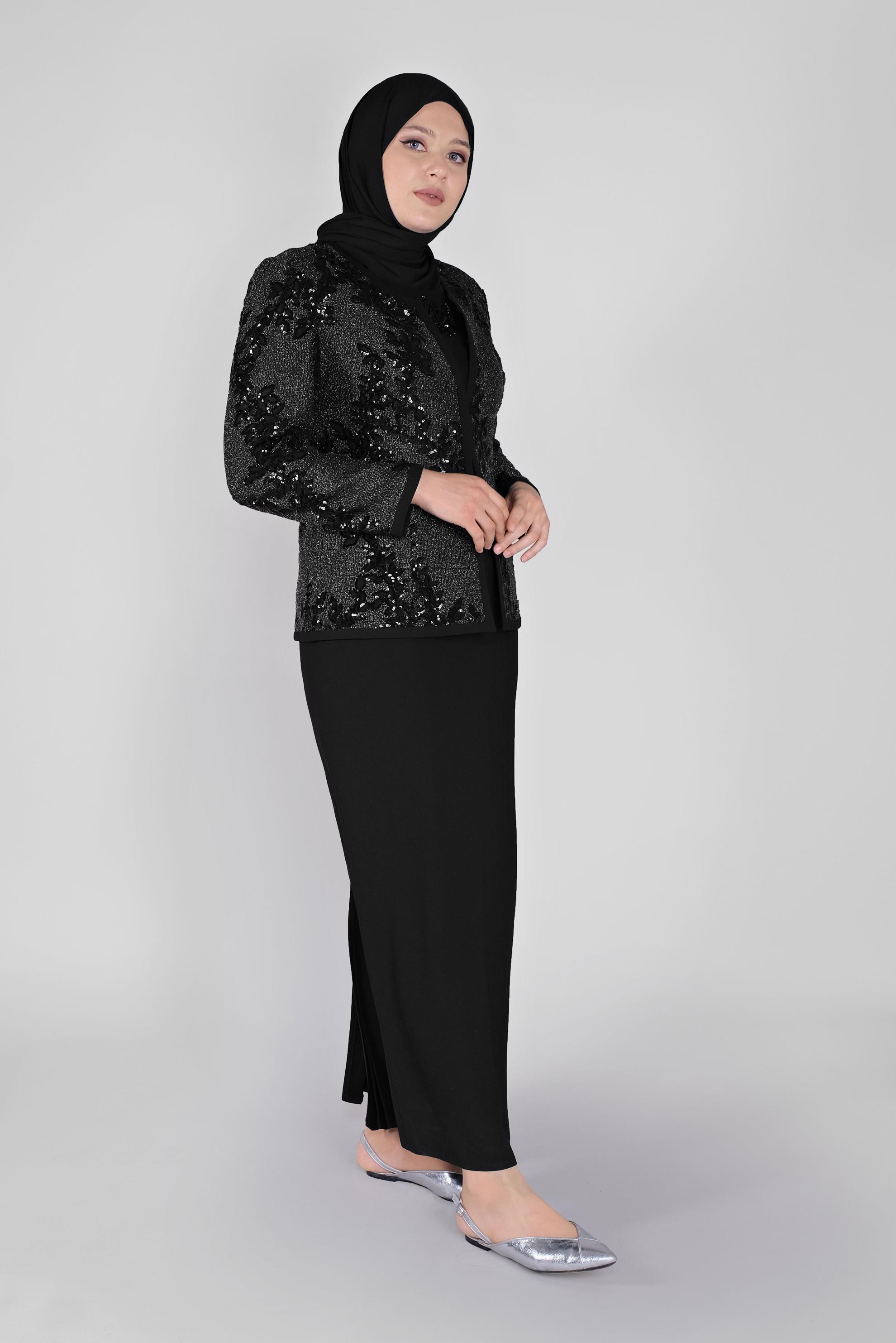 Tesettür giyim SİYAH PULLU CEKETLİ İKİLİ ELBİSELİ TAKIM 30103 