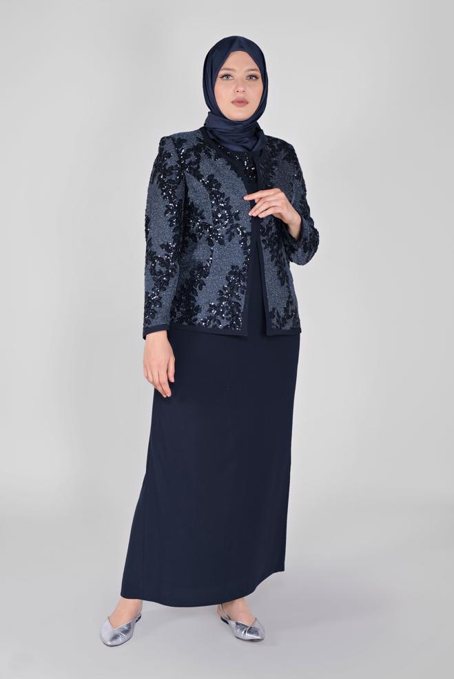 Vêtements hijab BLEU MARINE COSTUME 2 PIÈCES À PAILLETTES AVEC VESTE 30103 - ALVİNA