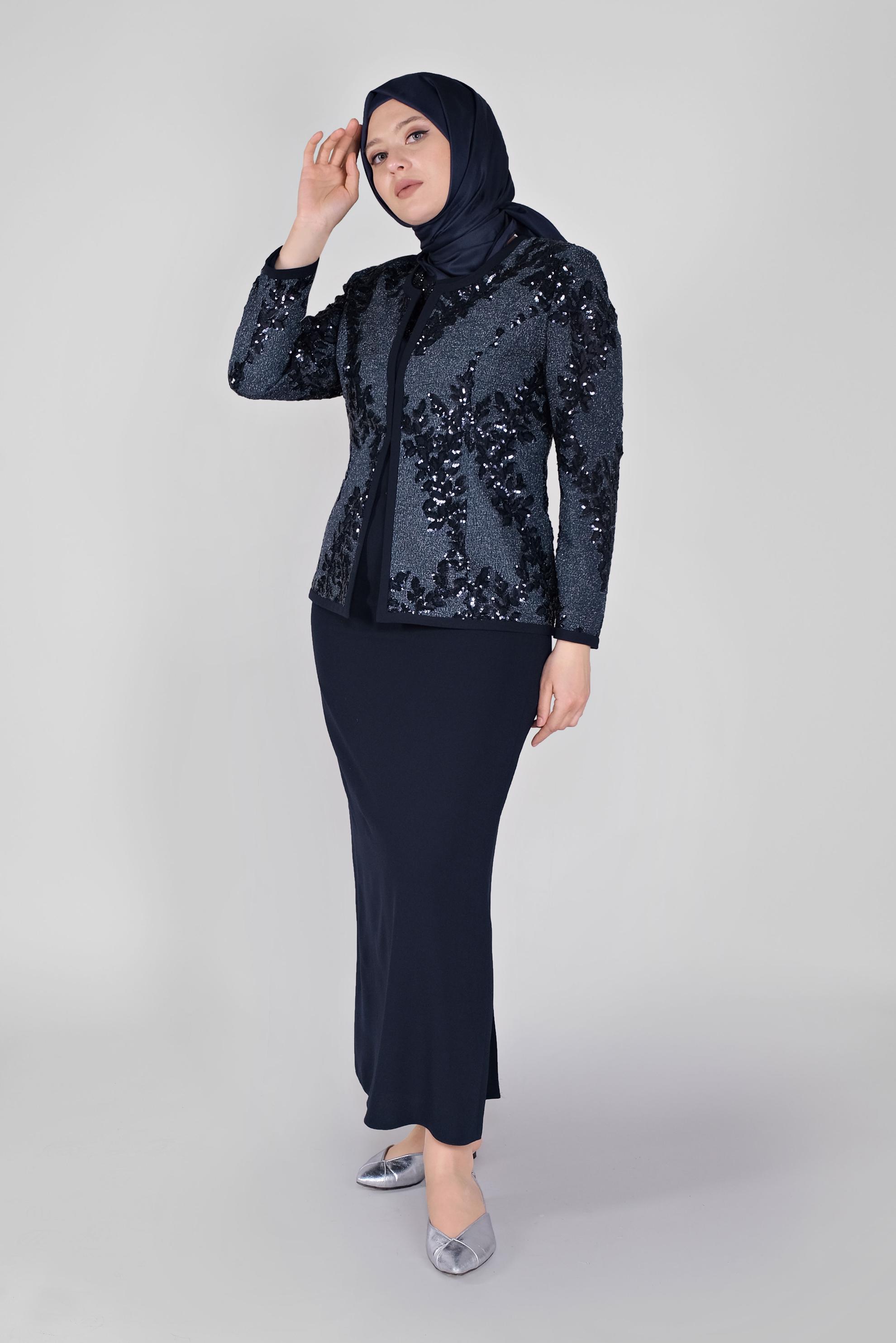 Hijab clothing NAVY BLUE SEQUINED 2-PIECE DRESS SUIT WITH JACKET 30103