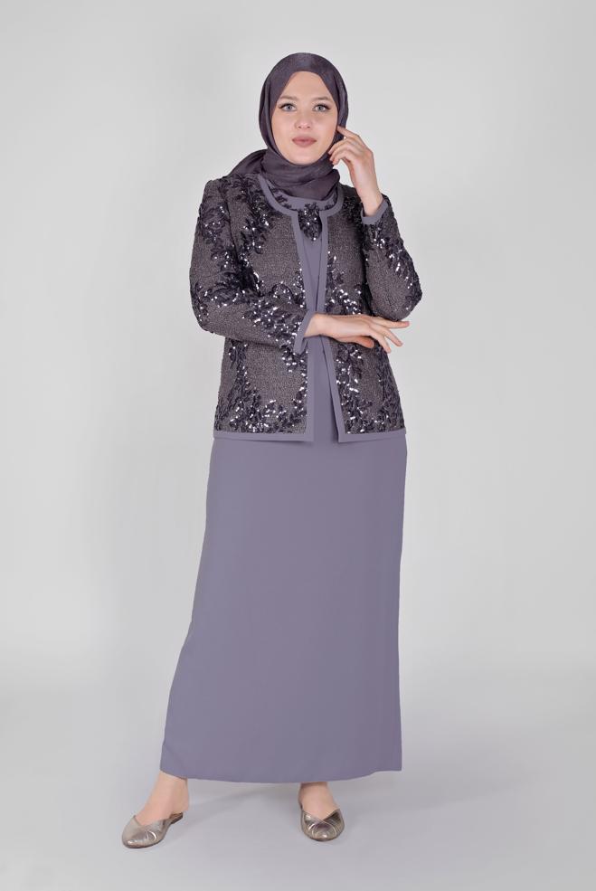 Vêtements hijab POURPRE COSTUME 2 PIÈCES À PAILLETTES AVEC VESTE 30103 - ALVİNA