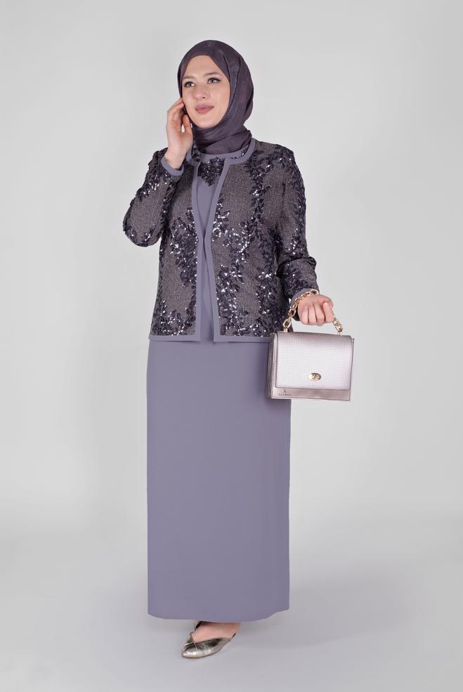 Vêtements hijab POURPRE COSTUME 2 PIÈCES À PAILLETTES AVEC VESTE 30103 - ALVİNA
