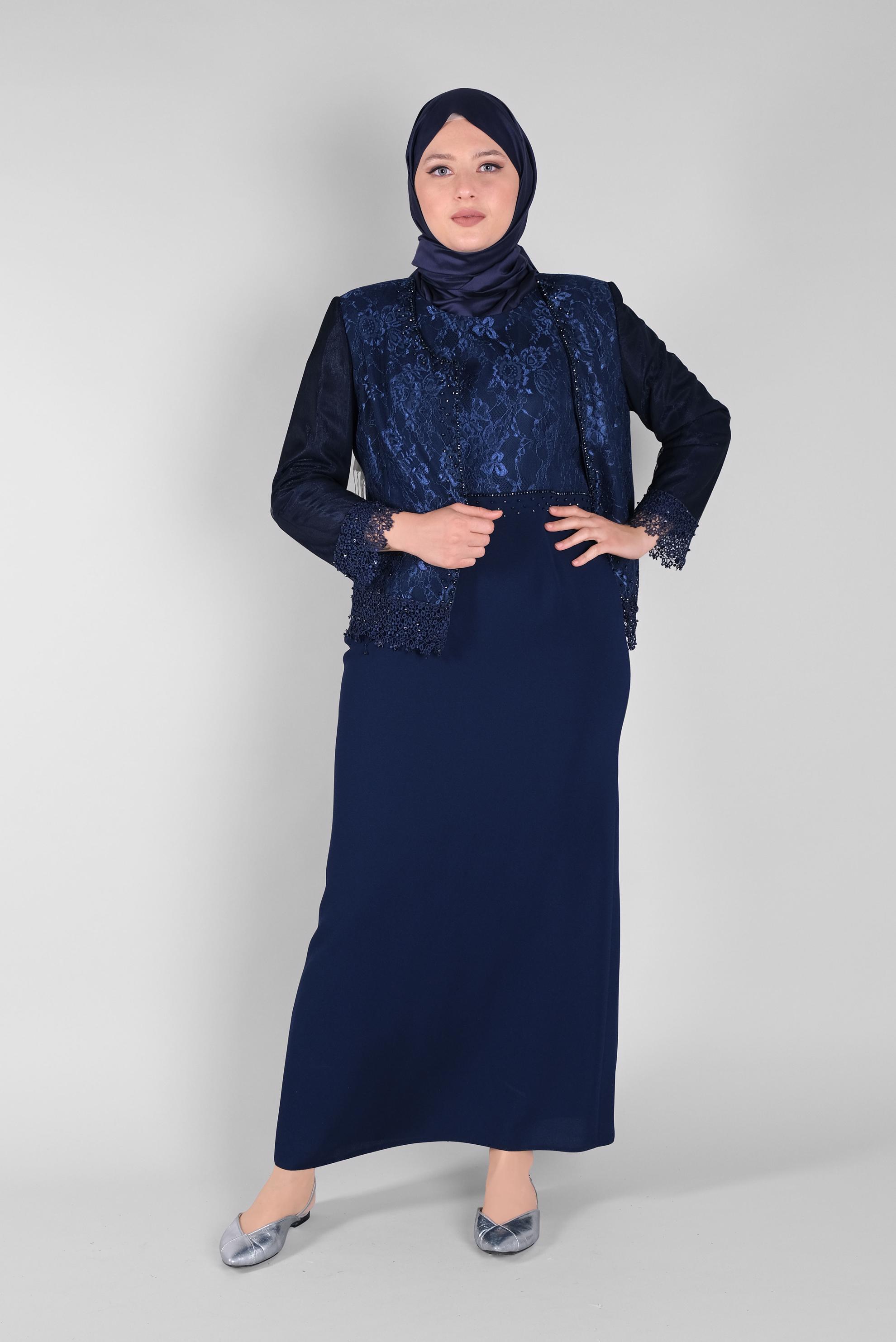 Hijab clothing NAVY BLUE BEADED LACE SUIT WITH DRESS 30109 