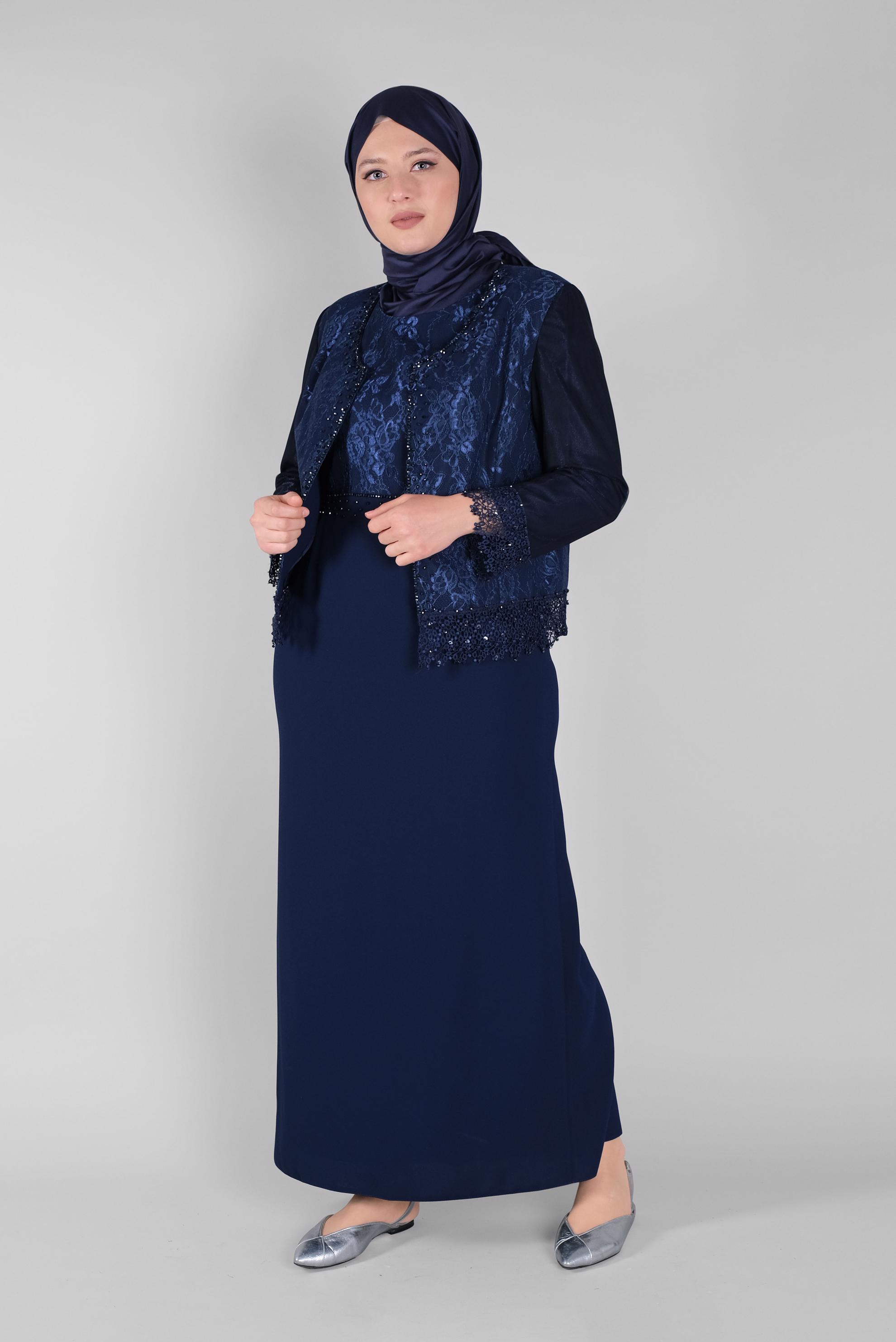 Hijab clothing NAVY BLUE BEADED LACE SUIT WITH DRESS 30109 