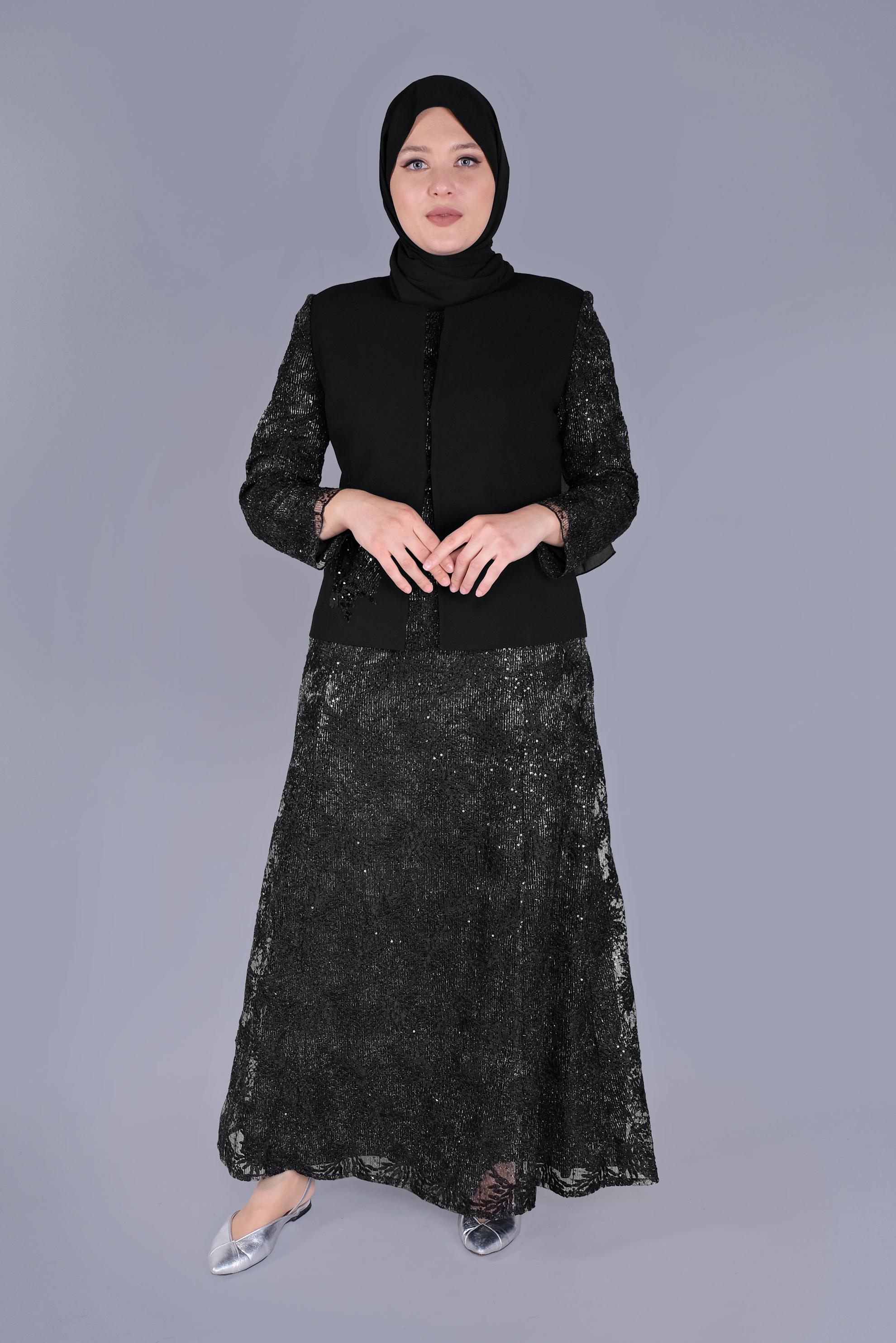 Tesettür giyim SİYAH TÜLLÜ PUL NAKIŞLI İKİLİ ELBİSELİ TAKIM 30110 