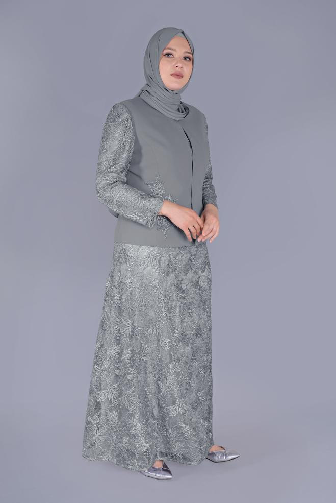 Vêtements hijab GRIS COSTUME TULLE 2 PIÈCES 30110 - ALVİNA