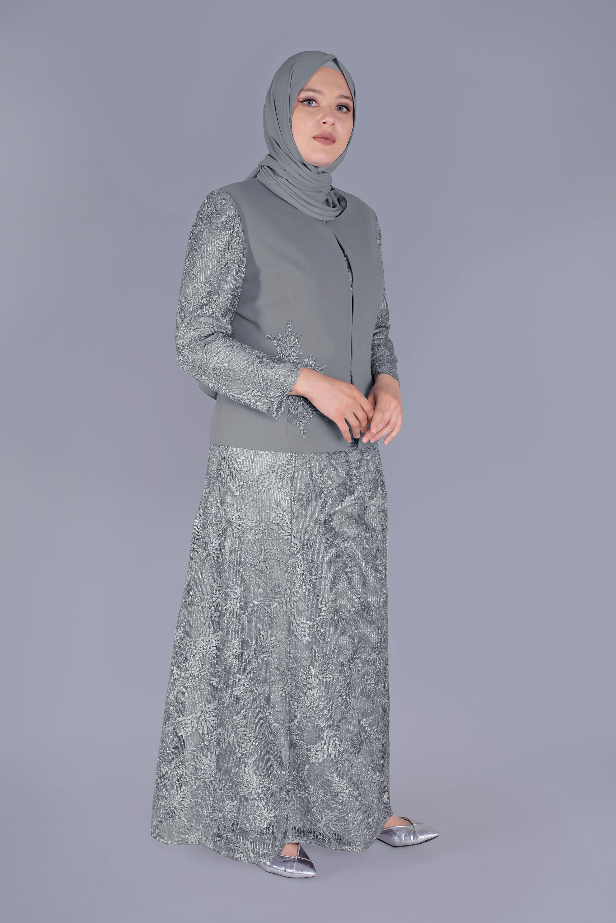 Hijab clothing GREY 2-PIECE TULLE SUIT 30110 