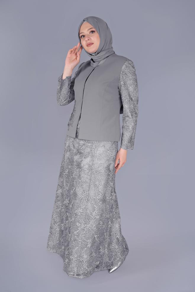 Vêtements hijab GRIS COSTUME TULLE 2 PIÈCES 30110 - ALVİNA