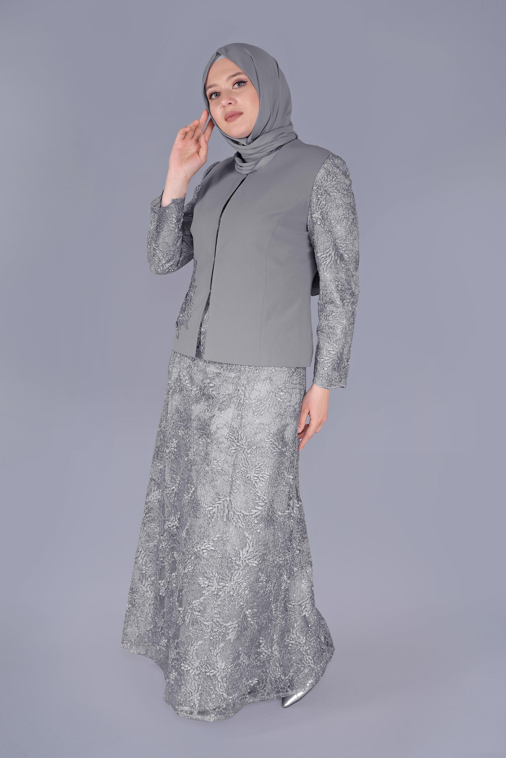 Hijab clothing GREY 2-PIECE TULLE SUIT 30110 
