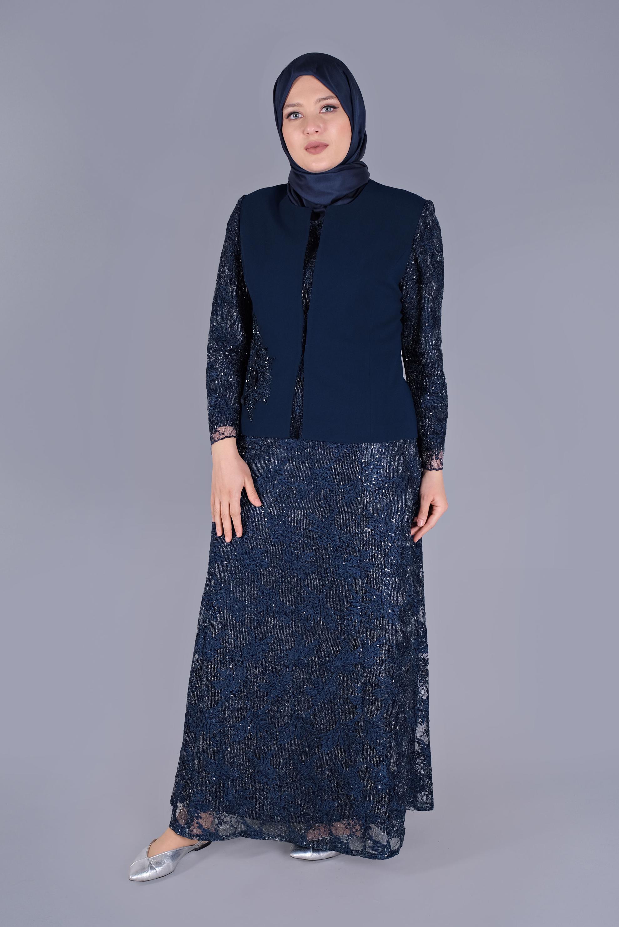 Tesettür giyim LACİVERT TÜLLÜ PUL NAKIŞLI İKİLİ ELBİSELİ TAKIM 30110 