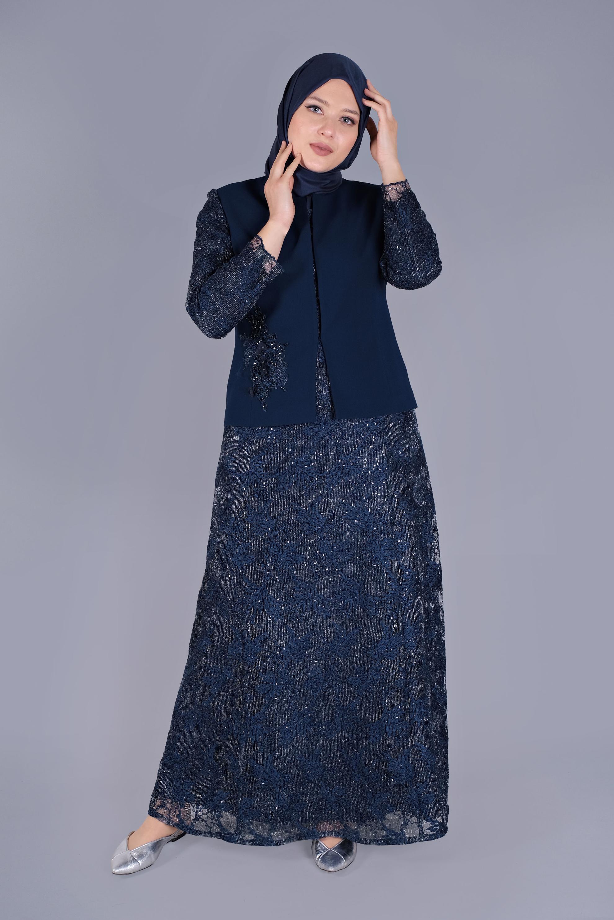Tesettür giyim LACİVERT TÜLLÜ PUL NAKIŞLI İKİLİ ELBİSELİ TAKIM 30110 